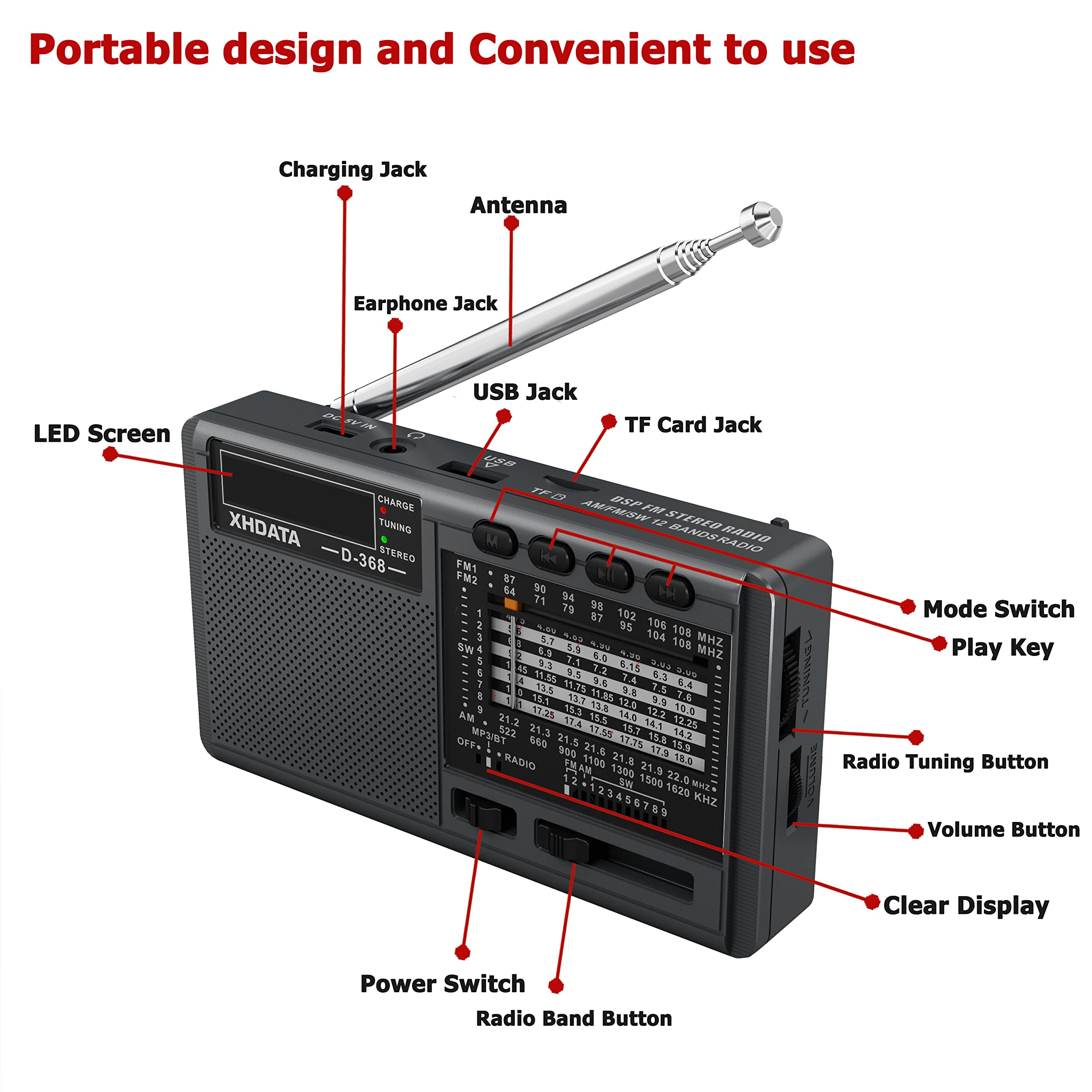 Xhdata D368 Shortwave Am Fm 12 Band Dsp Stereo Portable Radio Mp3 Player Wireless Bt Speaker With Rechargeable Battery Multimedi