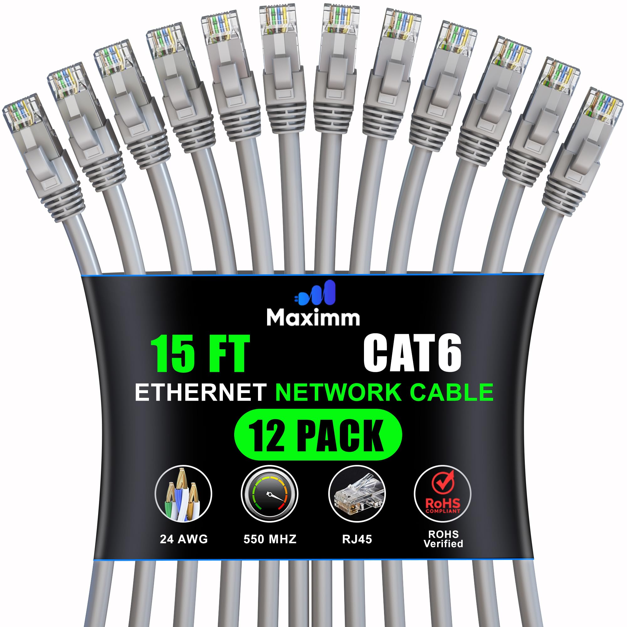 Maximm Cat 6 Ethernet Cable 15 Ft (12 Pack)   High Speed Lan Cable, Internet Cable, Patch Cable, And Network Cable   Utp, 10Gbps, 550Mhz Ethernet Cord   Gray