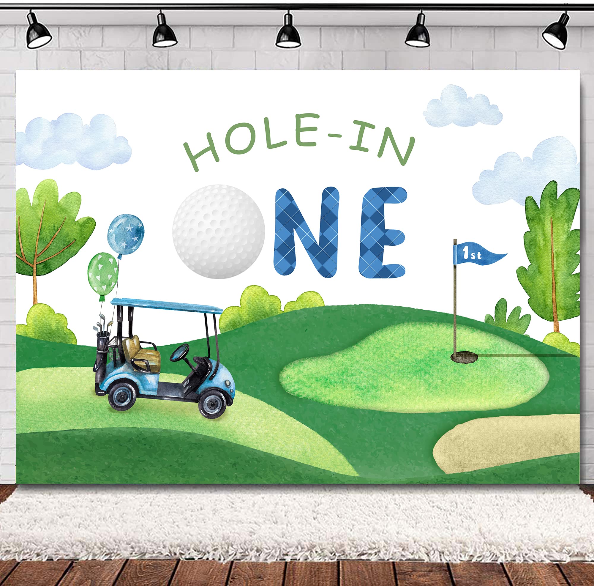 Svbright Hole In One 1St Birthday Backdrop 7Wx5H Watercolor Blue Sky White Clouds Grass For Bday Kids Boys Party Cartoon Golf Sp