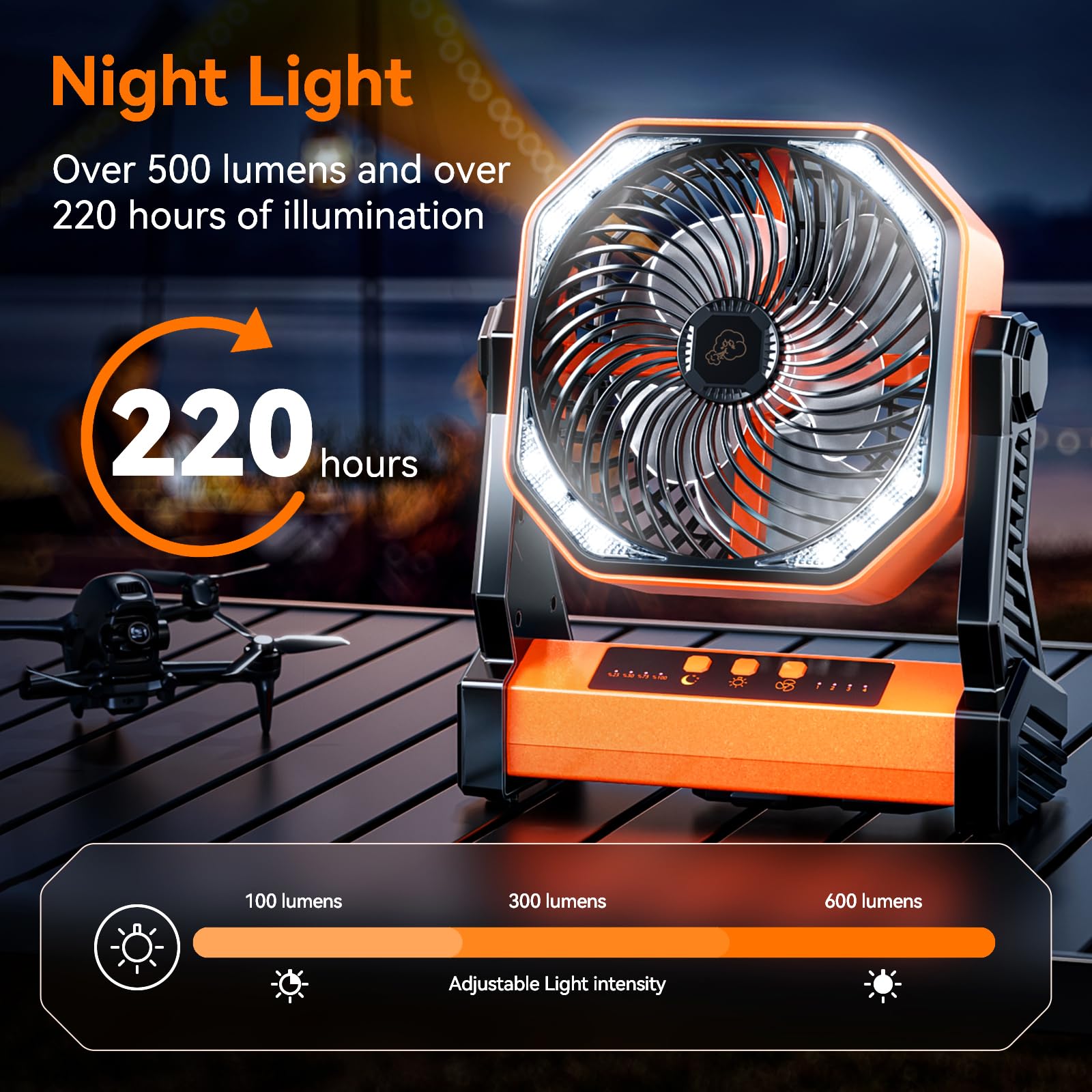 Camping Led Fan With Light, 40000Mah Rechargeable Battery Powered Outdoor Tent Fan With Light And Hook, 4 Speed, Personal Usb De
