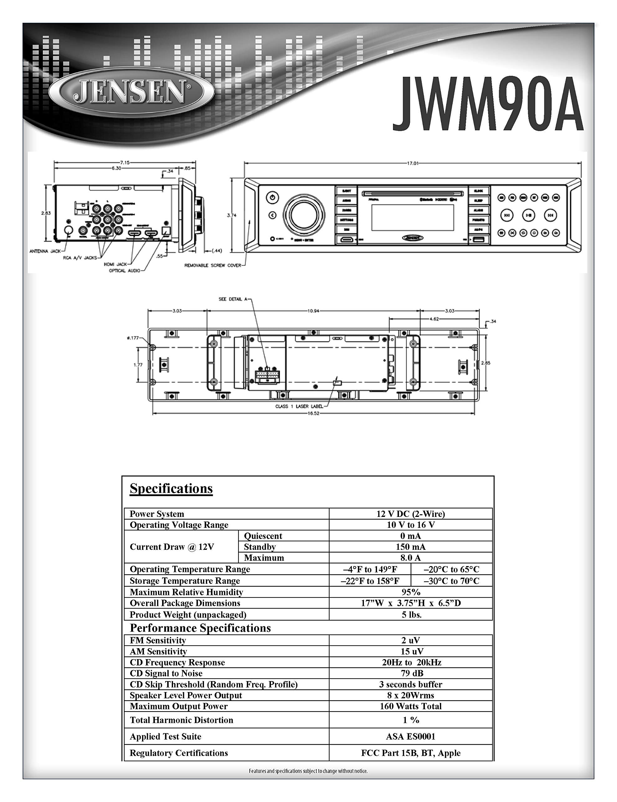 Jensen Jwm90A Slimline 3 Zone Source Theater Style Bluetooth Wallmount Stereo With App Control, Dvd/Cd R/Rw & Mp3 Compatible, Du
