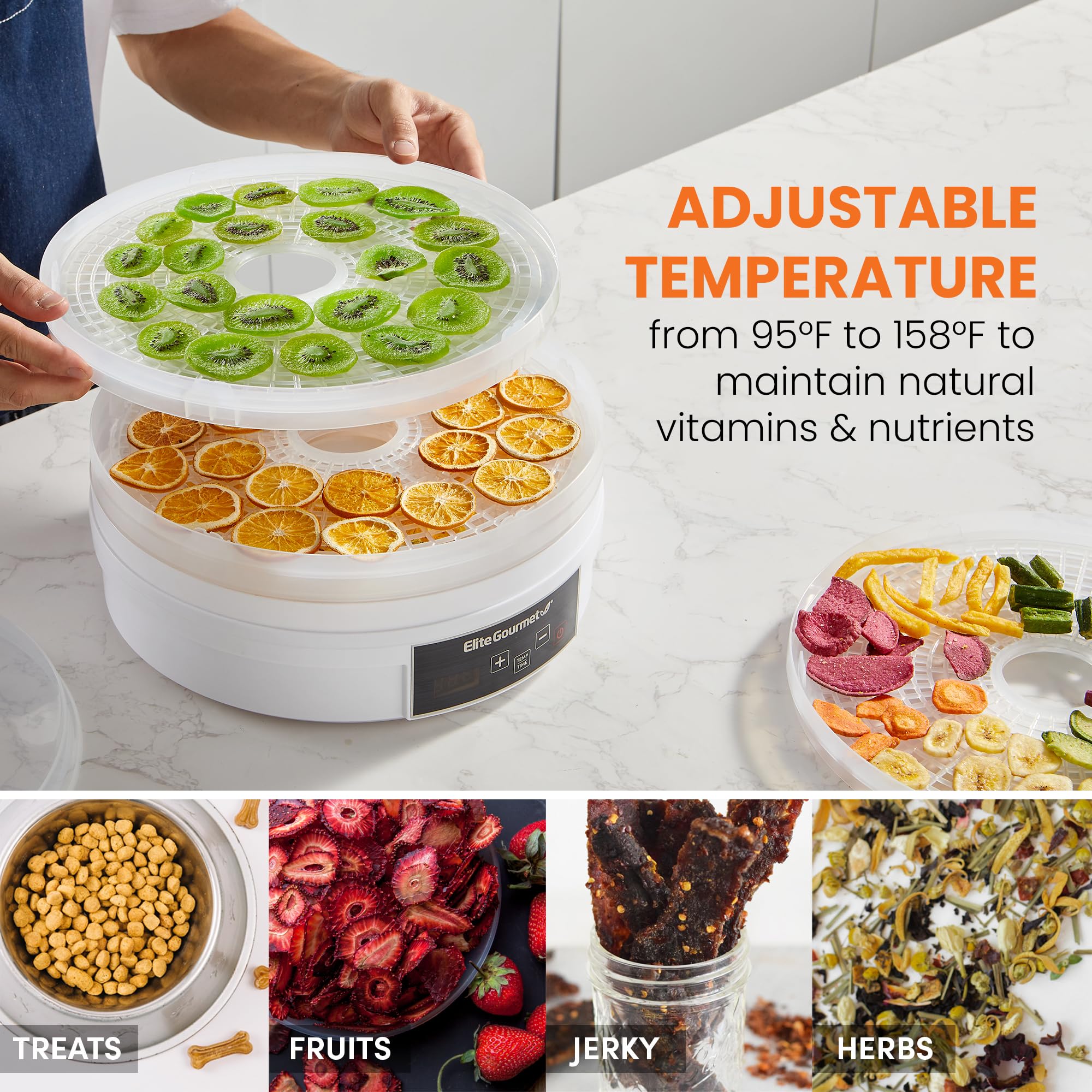 Elite Gourmet Efd770Wd Digital Food Dehydrator With 5X12.5    Bpa Free Trays, Adjustable 48 Hr Timer And Temperature From 95~158