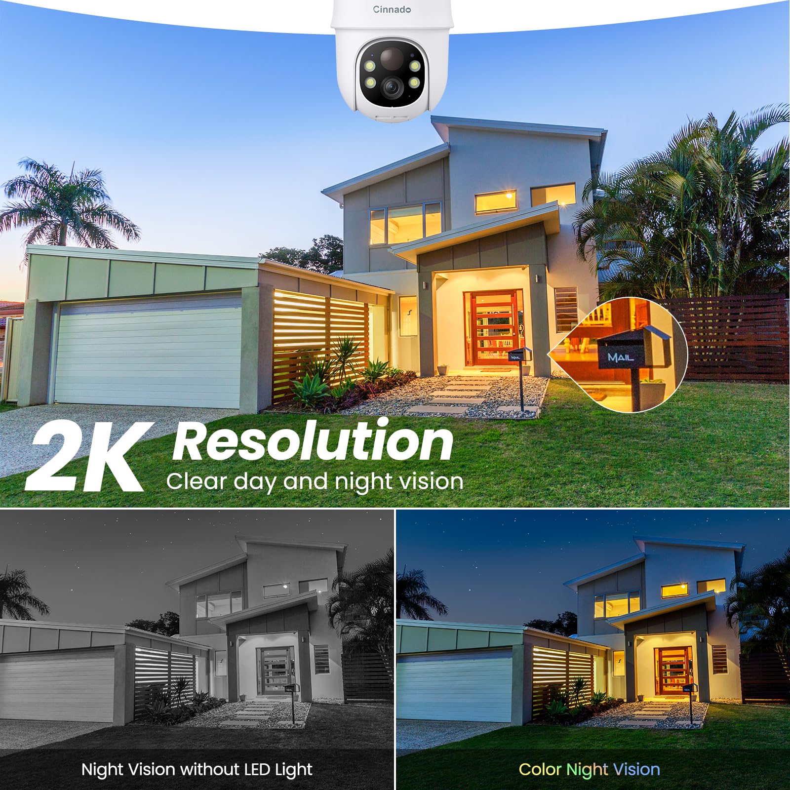 Cinnado 2K Cameras For Home Security 2.4G Wifi Outdoor Camera Wireless Solar/Battery Powered, 360 Viewing, Human Detection, Colo