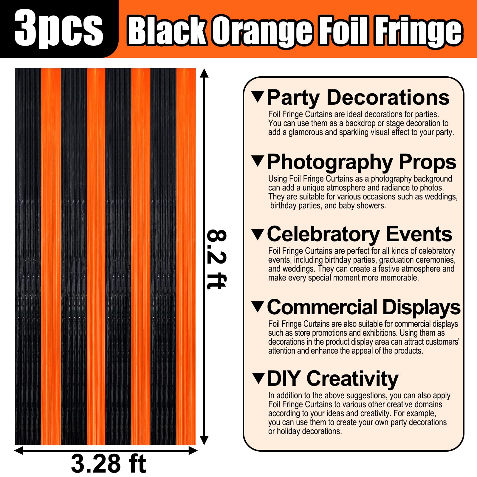 3 Pack Black Orange Foil Fringe Curtain Backdrop, 3.28Ft X 8.2Ft Metallic Tinsel Foil Fringe Streamer Curtains For Photo Booth,