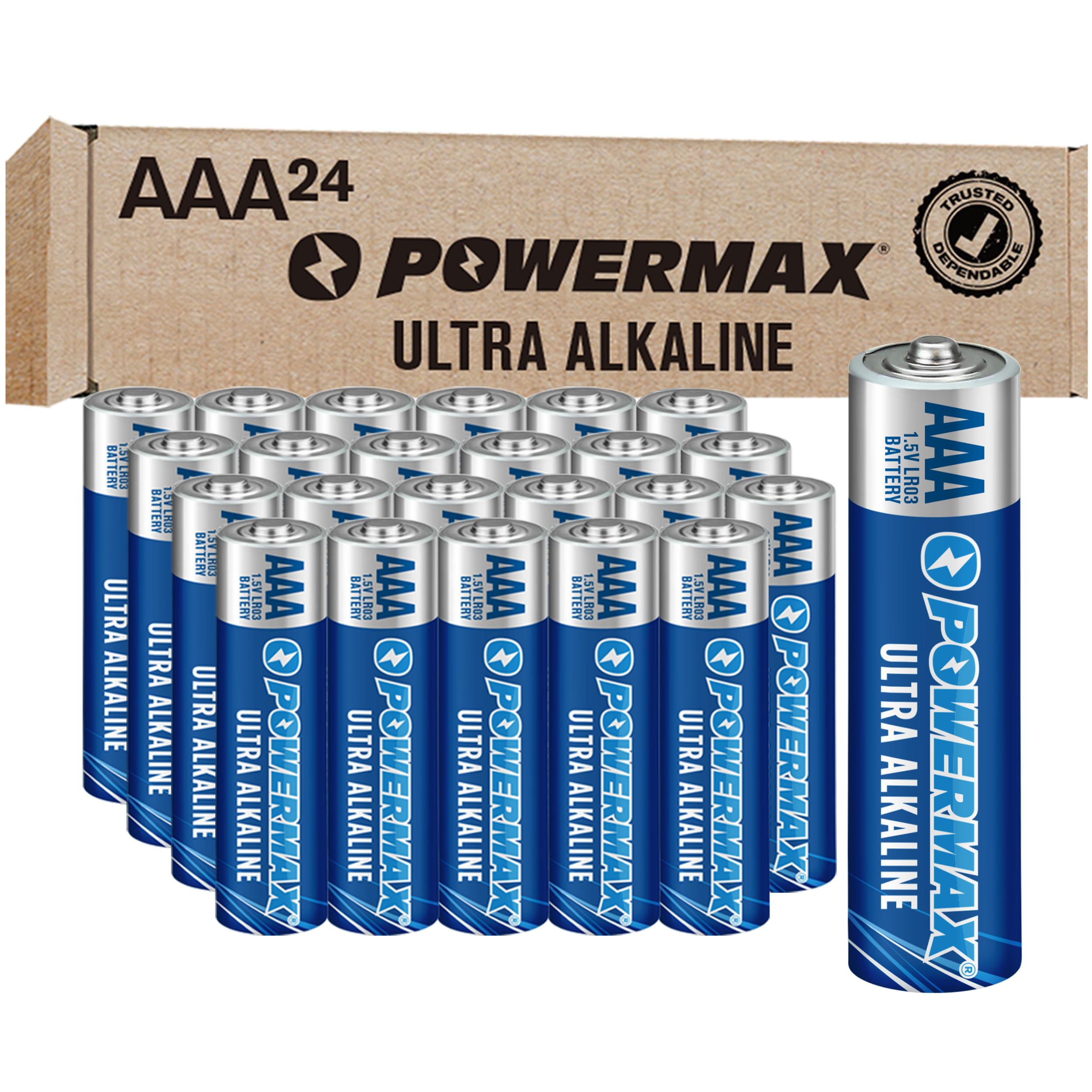 Powermax 24-Count Triple AAA Batteries, Ultra Long Lasting Alkaline Battery for Home and Office, 10-Year Shelf Life, Reclosable 