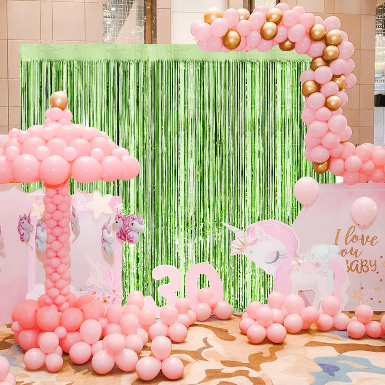 Light Green Metallic Tinsel Foil Fringe Curtains, 2 Pack 3.3X8.3 Feet Party Streamer For Birthday Party Decorations, Halloween D