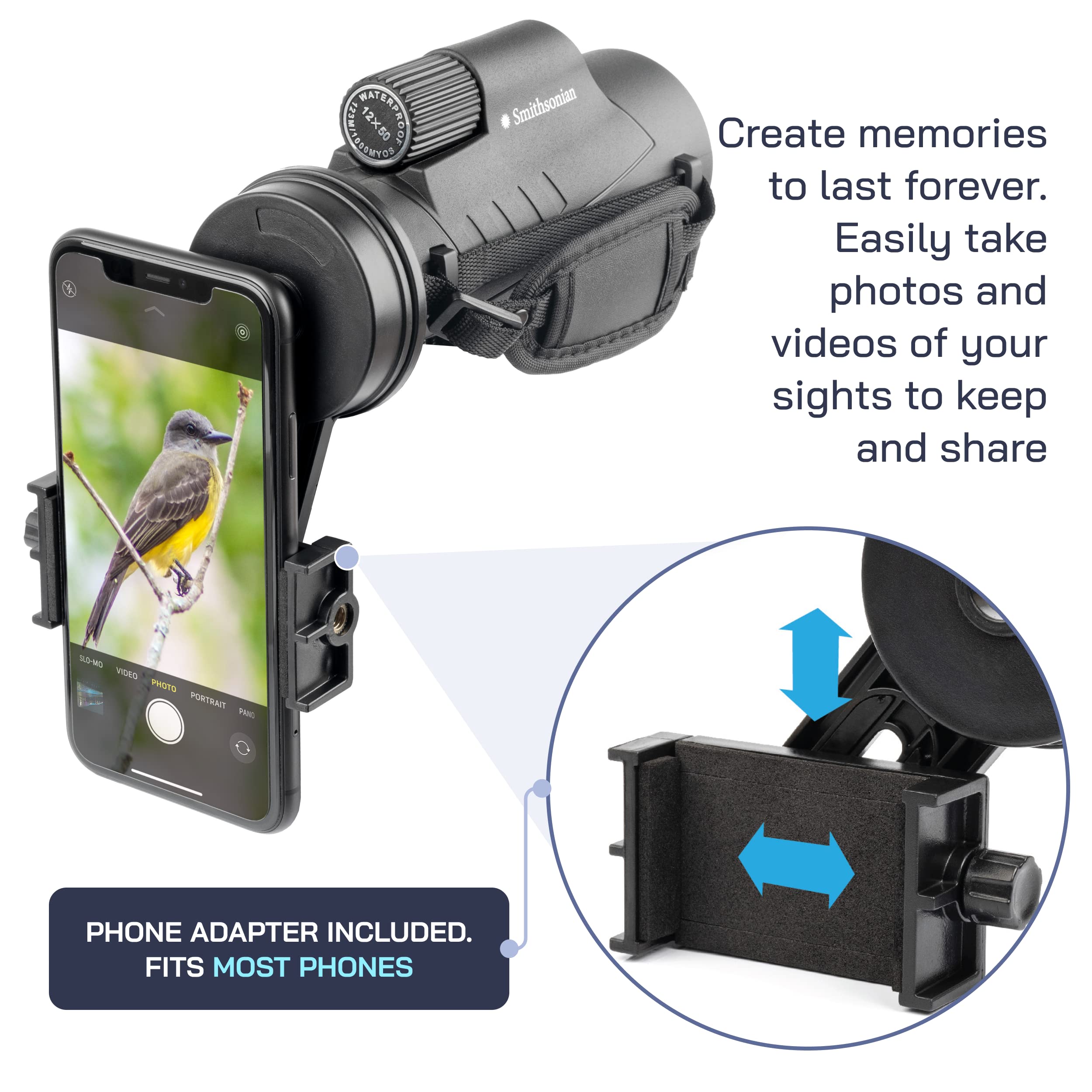 Omano Smithsonian 12X50 Monocular Telescope With Smartphone Adaptor   Monoculars For Adults   High Powered Telescope   Ideal Mon