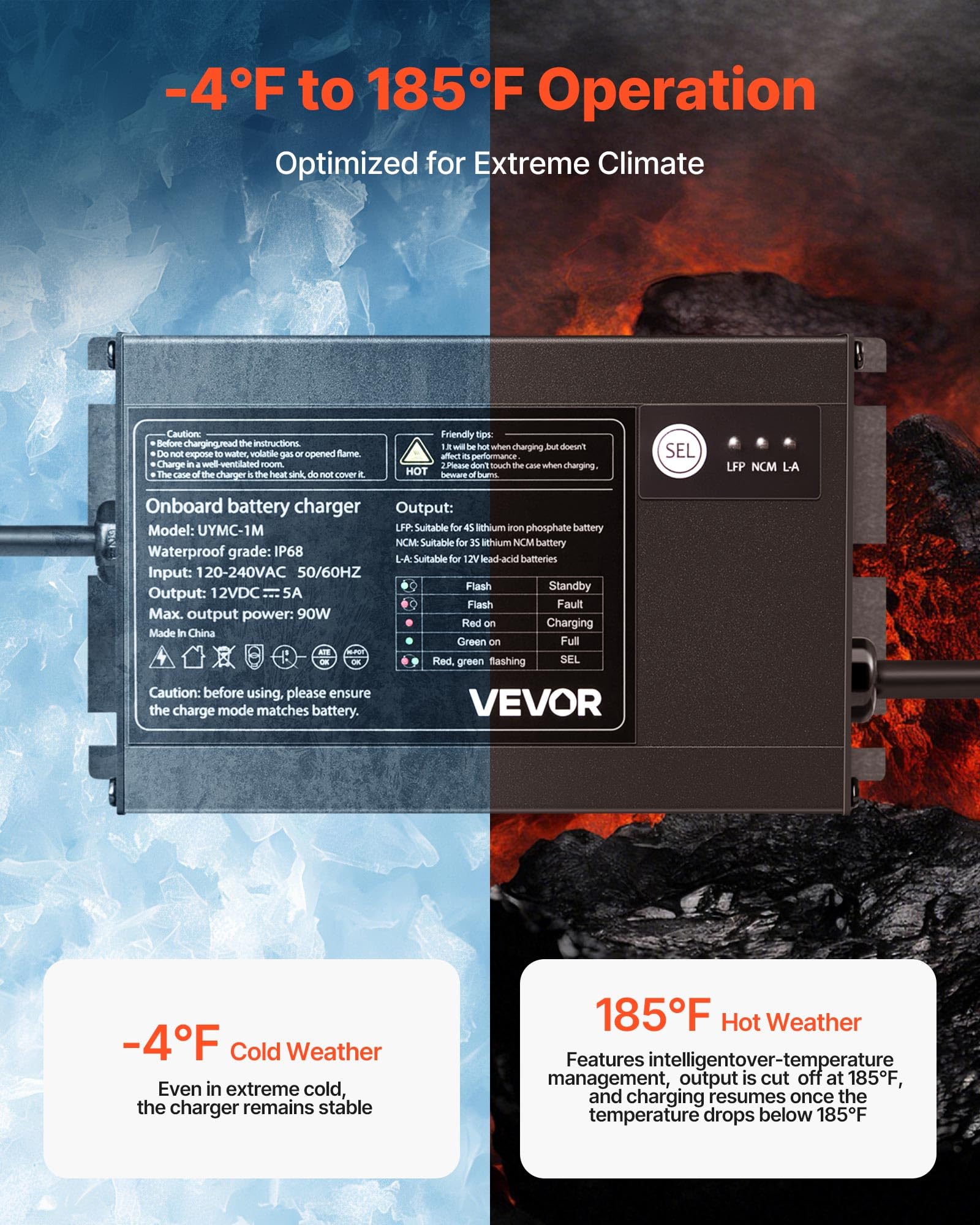 Vevor Marine Battery Charger, 1-Bank, 5A 12V Onboard Boat Charger, Ip68 Waterproof Smart On-Board Battery Charger, For Lithium-I