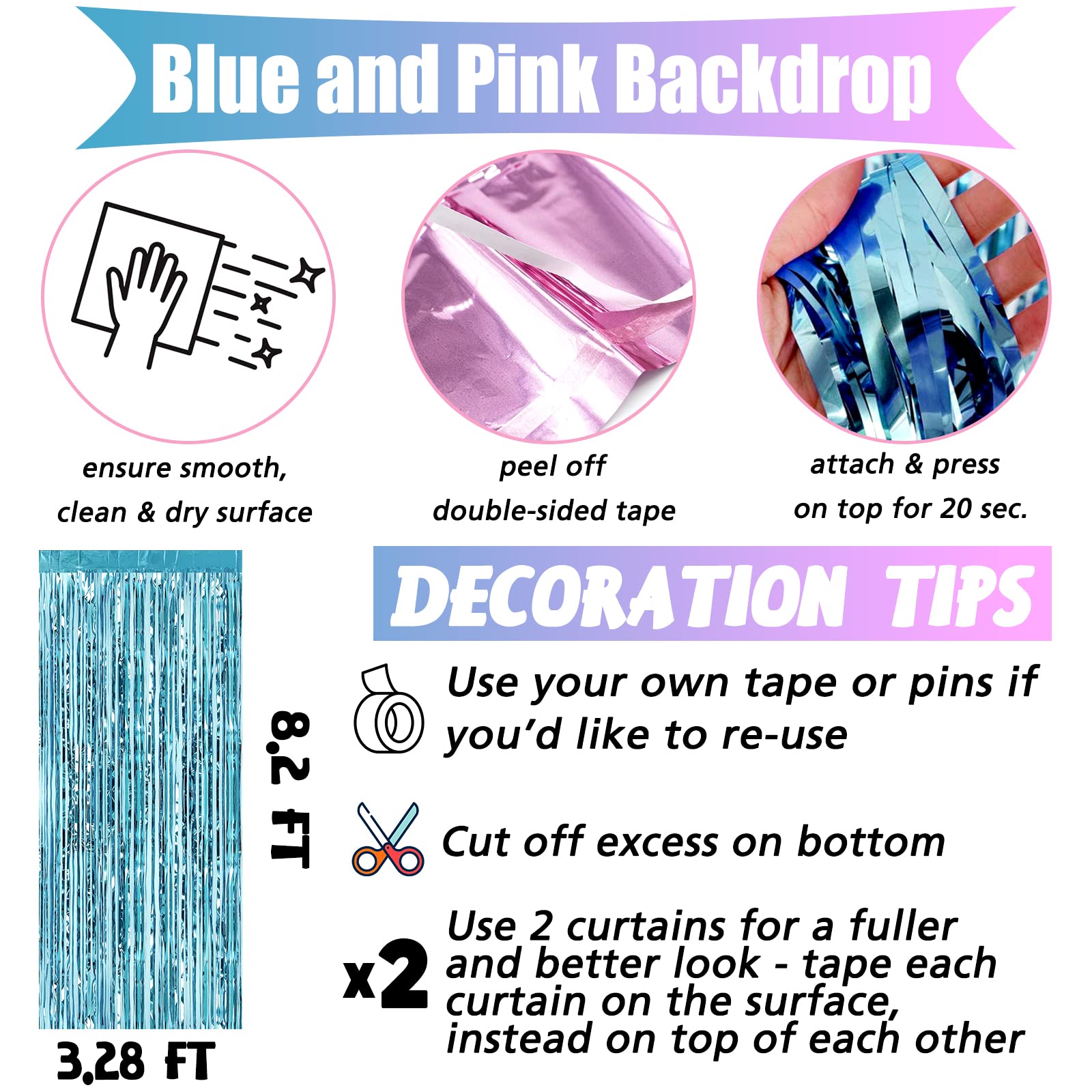 4 Pack 3.2Ft X 8.2Ft Pink Blue Fringe Curtain Backdrop, Metallic Tinsel Foil Fringe Streamers Curtains Background For Photo Boot