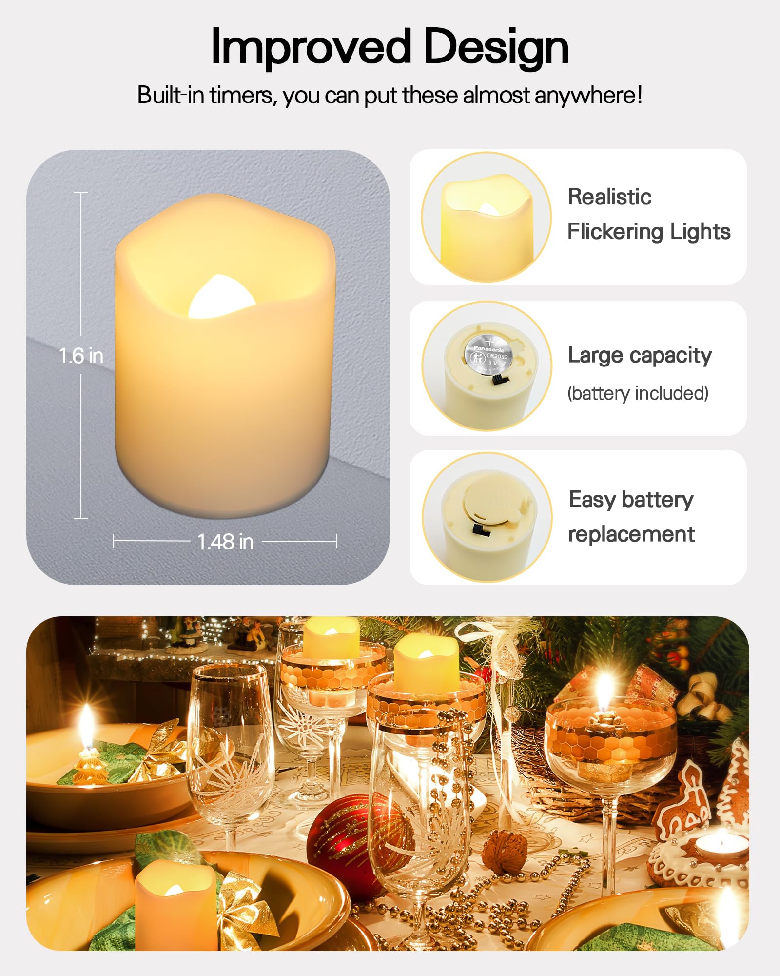 Shymery Flameless Votive Candles With Timer,12 Pack Last 15 Days Battery Operated Flickering Led Candles,18 Hours Off In 24 Hour