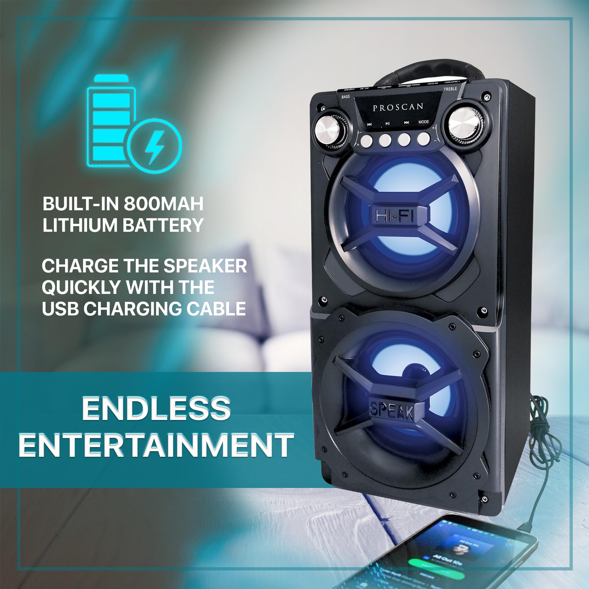 Proscan Elite Ledvance Sylvania, Portable Speaker With Bluetooth, Connect To Iphone, Ipad Or Android, Double Subwoofer Heavy Bas