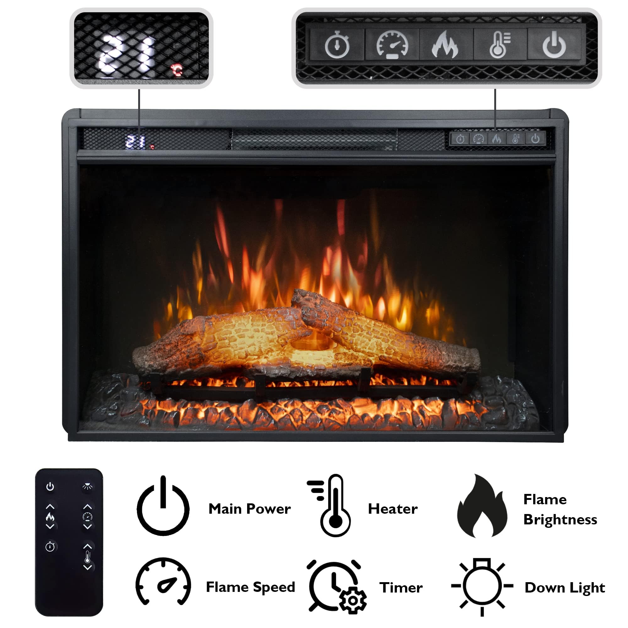 Rodalflame 26 Wide Electric Fireplace Insert, 6 Brightness Level, 5 Flame Speed, 62-82?, Timer & Remote Control, Indoor Fireplac