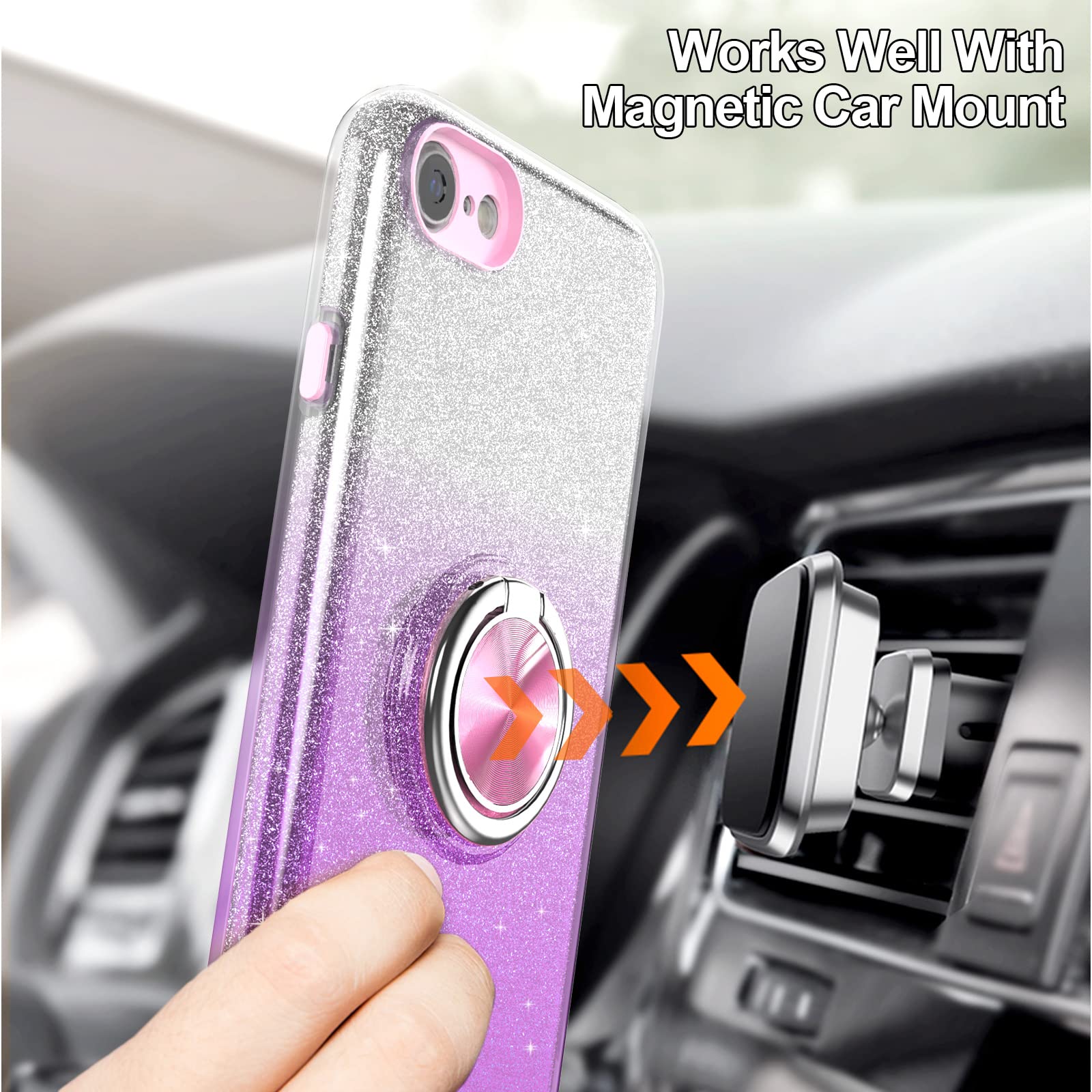 PeeTep iPhone SE 2020/SE 3/8/7 Glitter Phone Case Ring Holder Kickstand Magnetic Mount Shock-Absorbent Purple