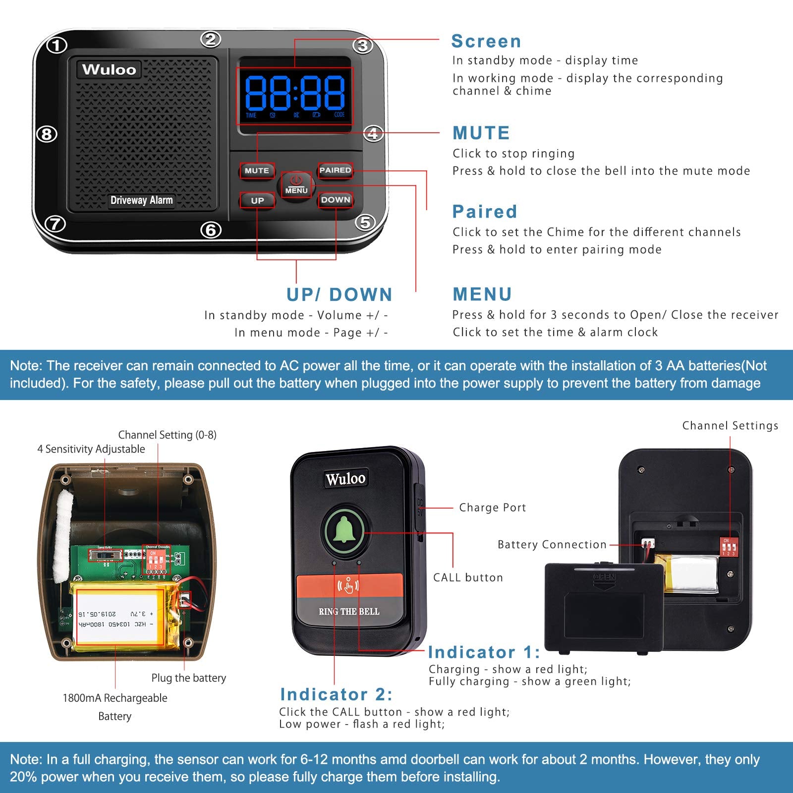 Wuloo Wireless Doorbells For Home, Solar Driveway Alarm, Multifunctional Wireless Home Security System, Rechargeable Battery/Weatherproof/Mute Mode/Clock And Alarm (1 Receiver 1 Sensor 1 Doorbell)