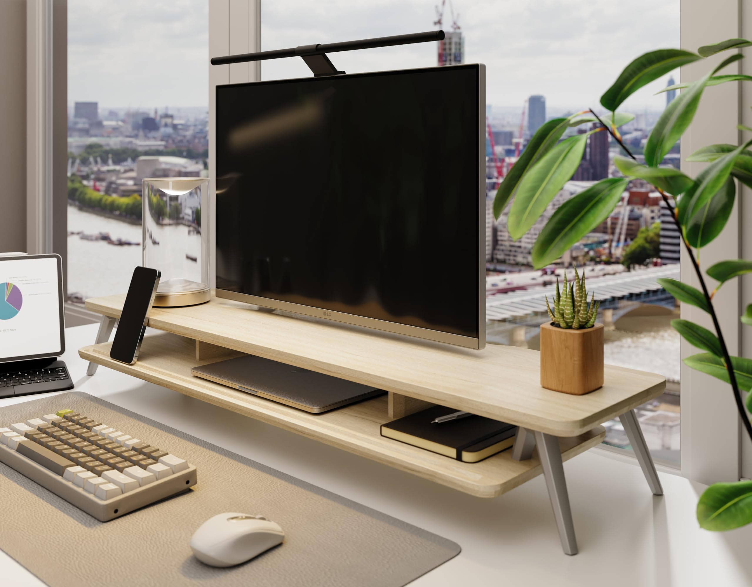 Fenge Dual Monitor Stand, Monitor Stands Riser For 2 Monitors, 42.5 Inch Wood Desk Shelf With Storage Organizer And Cable Manage