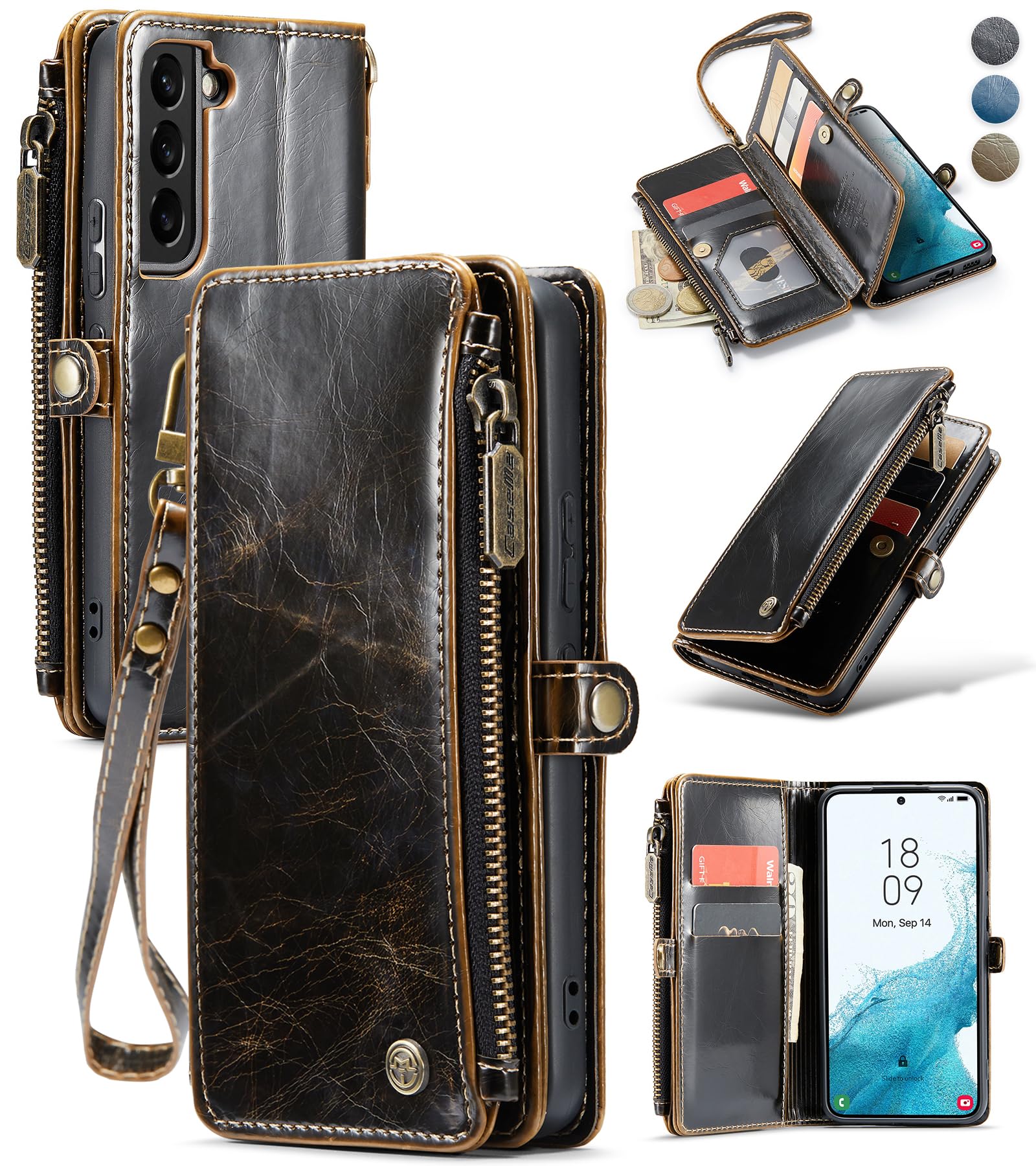 Defencase For Galaxy S22 Case, For Samsung Galaxy S22 Case Wallet For Women Men, Vintage Pu Leather Magnetic Flip Strap Zipper C
