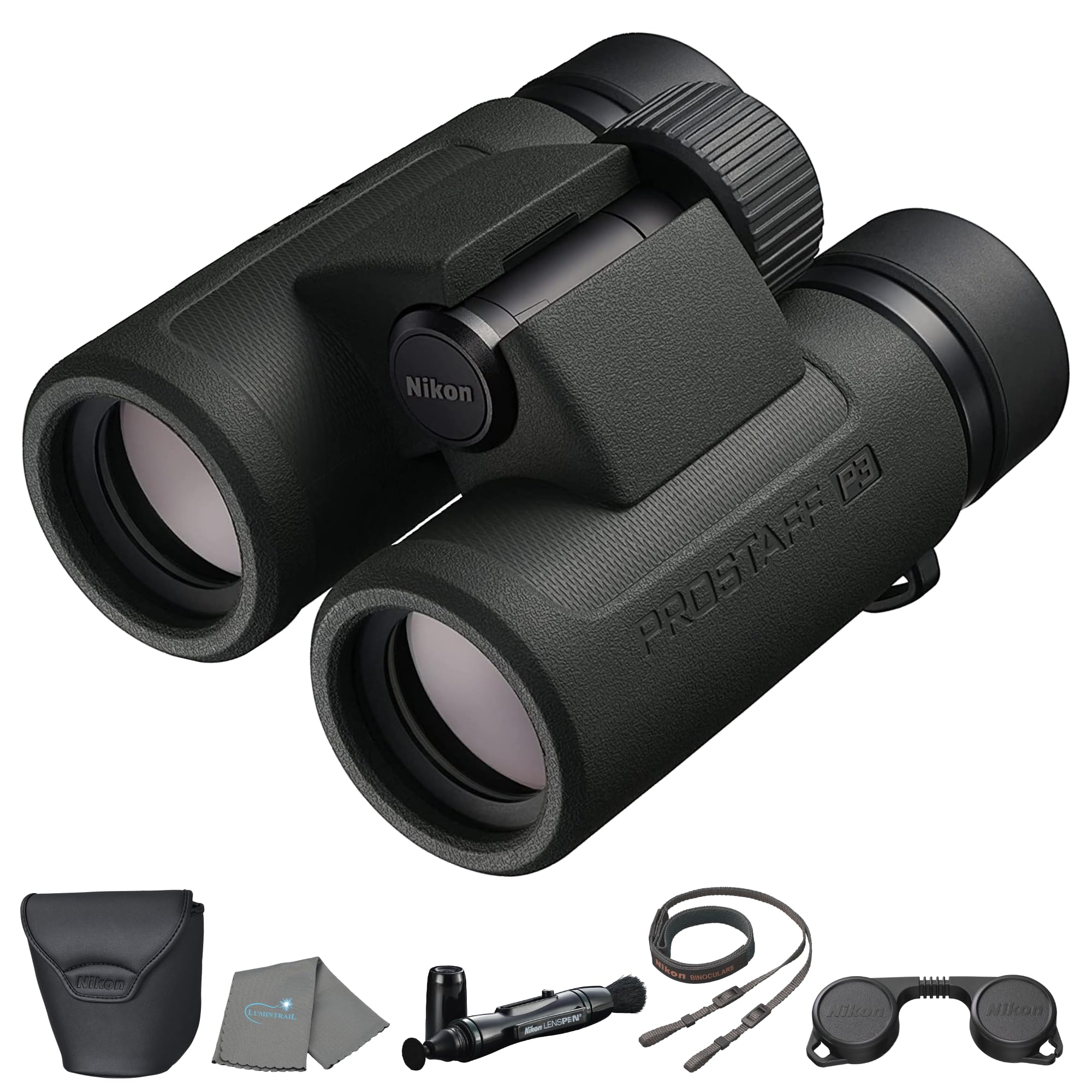 PROSTAFF P3 8x30 (16774) Black Binoculars Bundle with Lens Pen and Cleaning Cloth, Compact Binoculars for Adults for Hunting, Bi