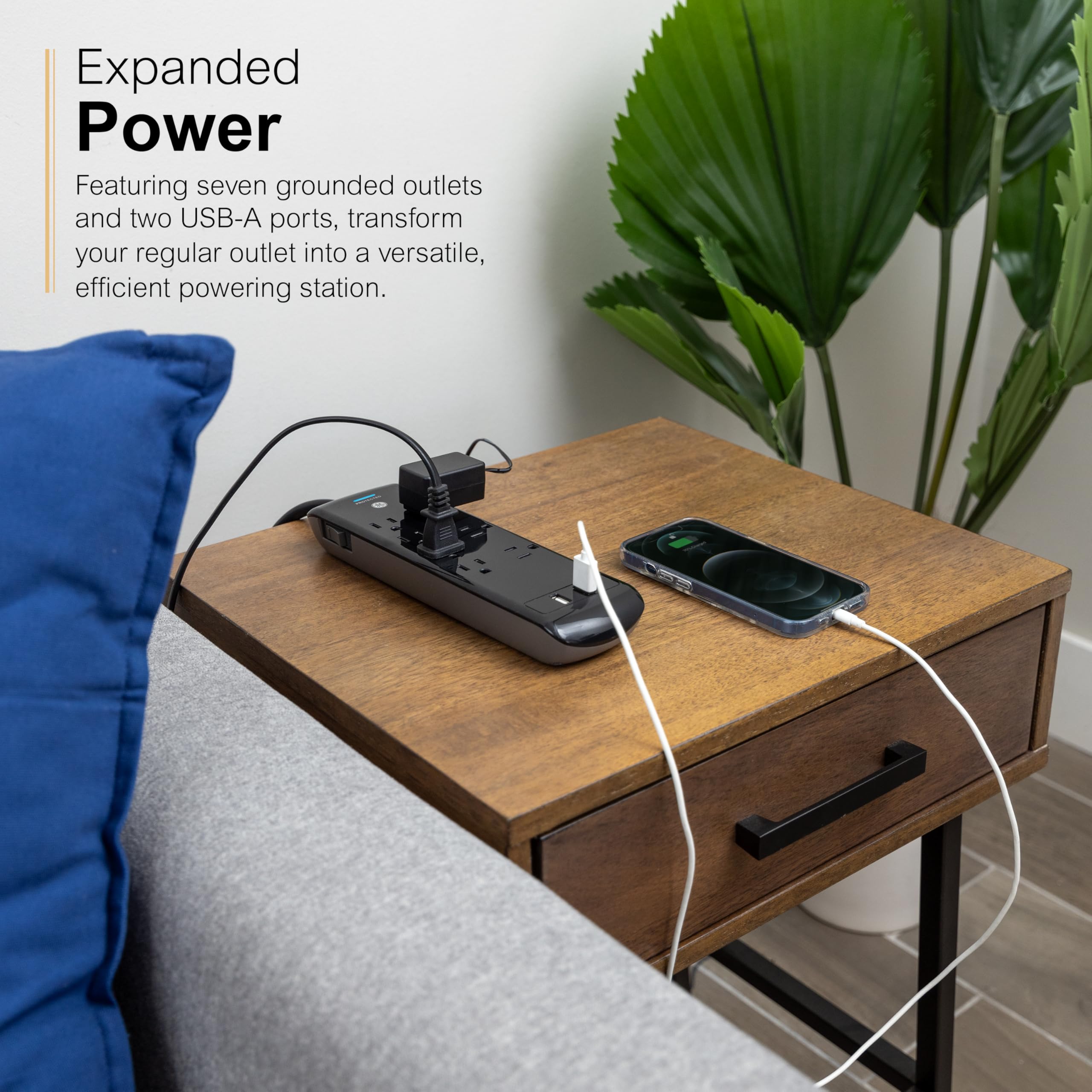 Ge Pro 7 Outlet Surge Protector, 2 Usb Ports, 3 Ft Extension Cord, 1780 Joules, 2.1 Amp/10 Watt, 3 Adapter Spaced Outlets, Flat