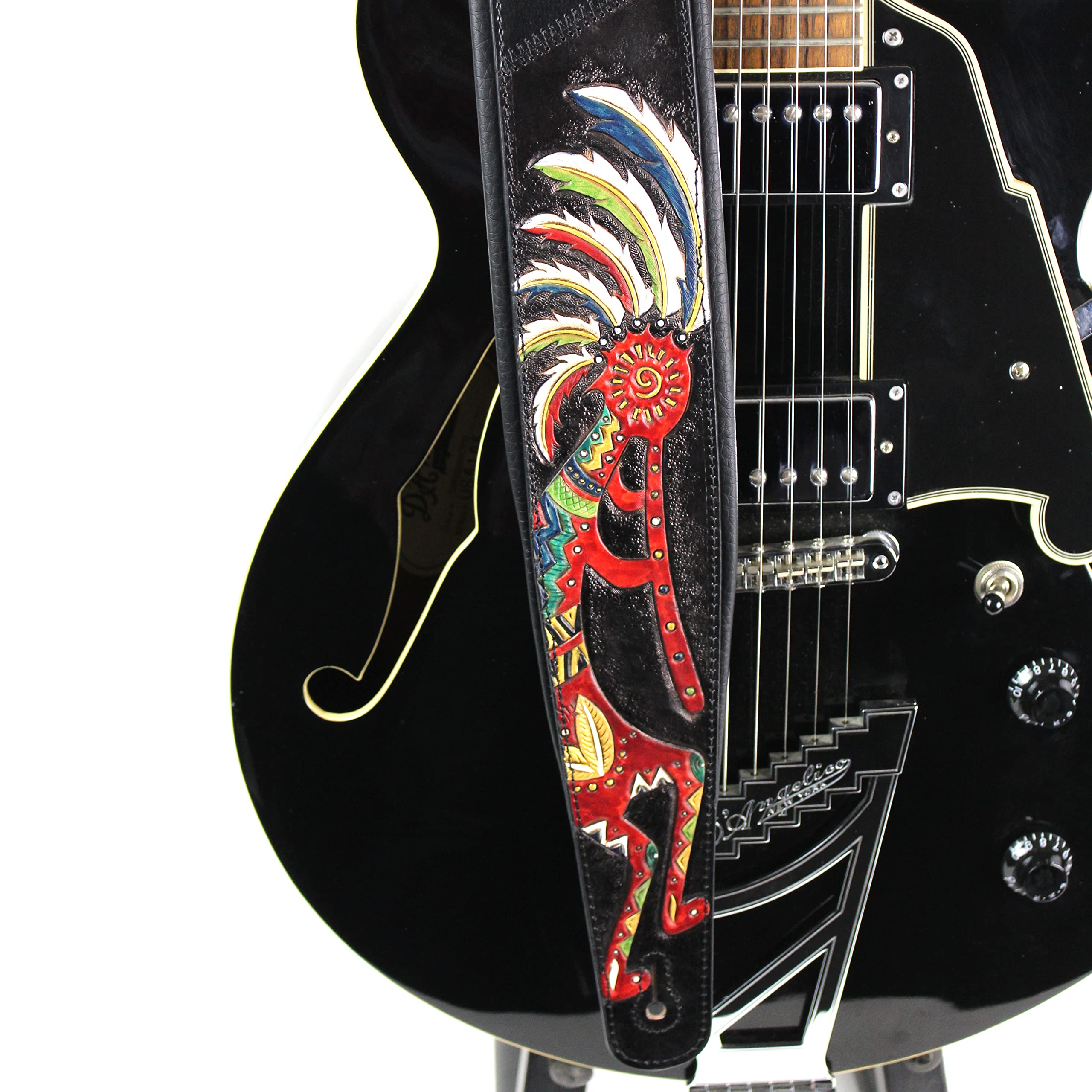 Walker And Williams Kb 56 Blk Handmade 3'' Wide Black Padded Guitar Strap With Carved Red Kokopelli Design On Premium Black Leat