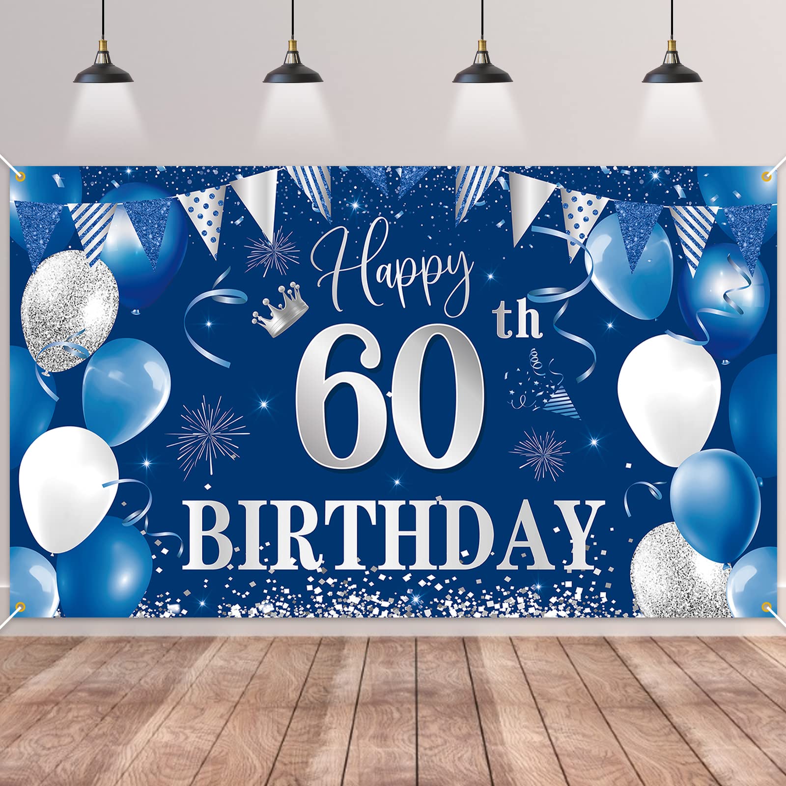 60Th Birthday Banner Backdrop,Btzo Happy 60Th Birthday Decorations,Blue Silver Fabric Photo Backdrop Background For Men And Wome