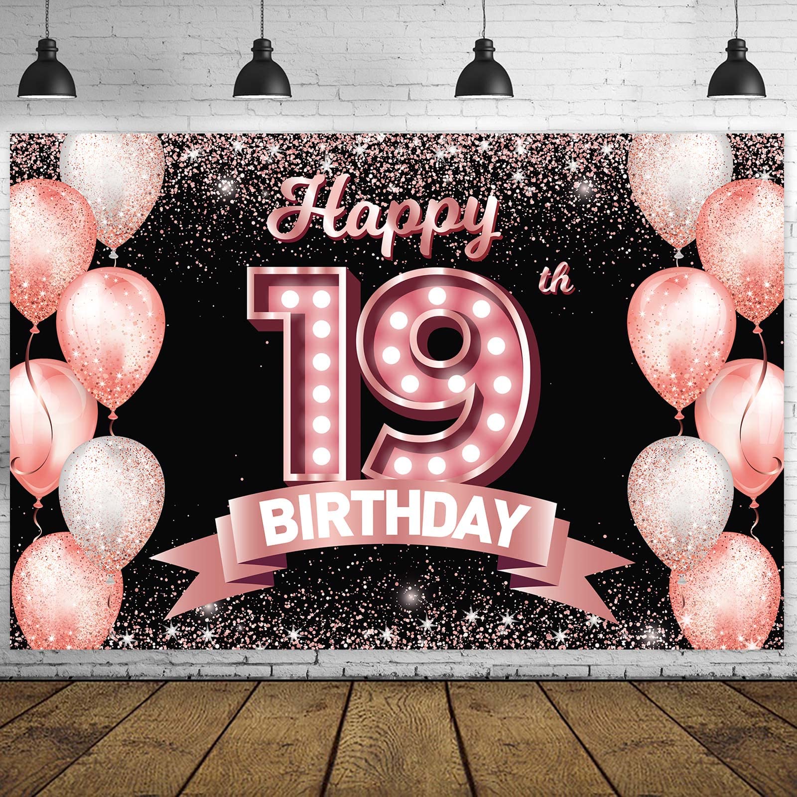 Happy 19Th Birthday Rose Gold Banner Backdrop Cheers To 19 Years Old Confetti Balloons Theme Decor Decorations For Girls Women 1