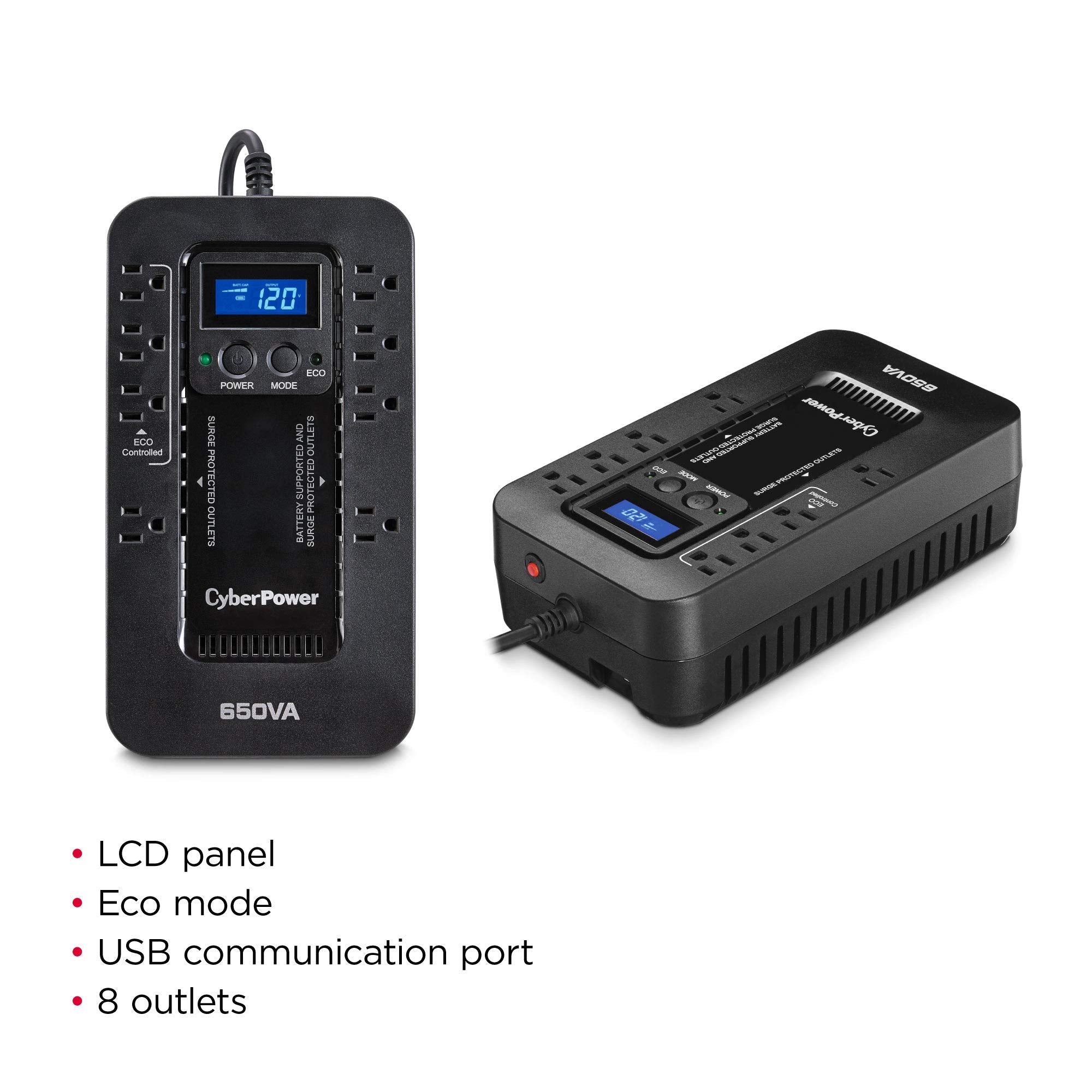 CyberPower EC650LCD 650VA/390W UPS Battery Backup & Surge Protector, 8 Outlets, ECO Mode, Compact Design, Black