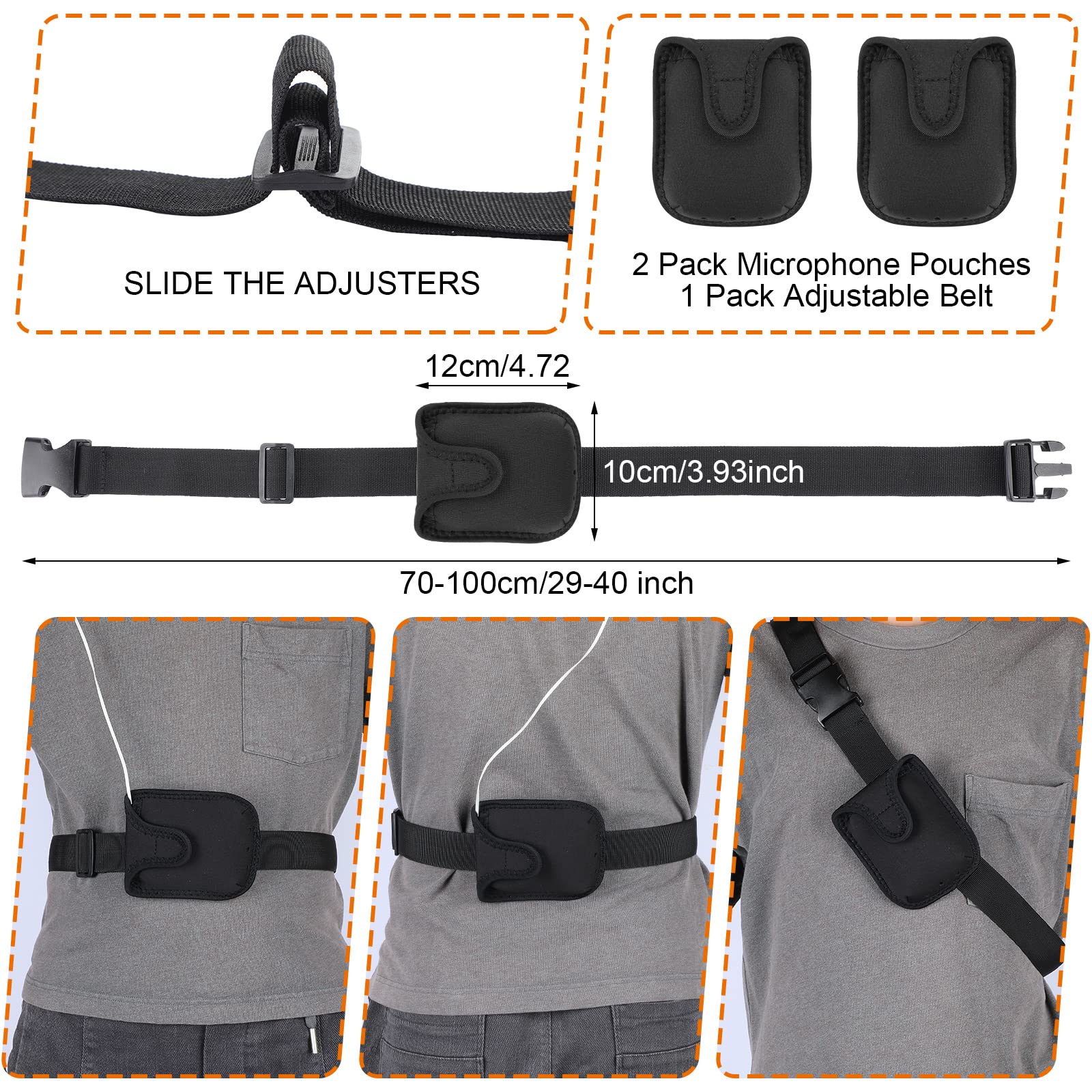 Mic Belt With 2 Pack Pouches Anti Dropping Strap Fitness Instructor Detachable Neoprene Microphone Transmitter Carrier Pouch Adj