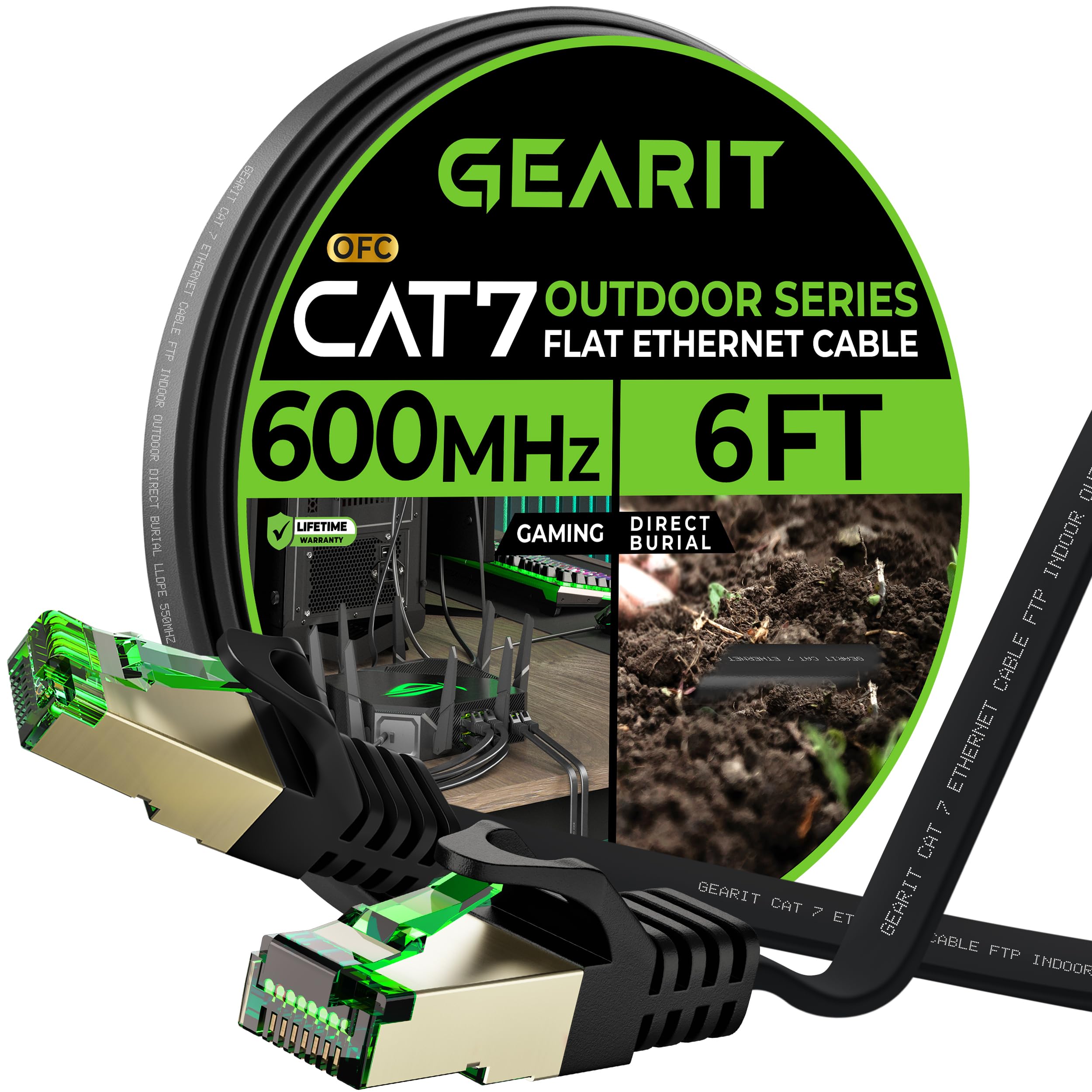 Gearit Cat 7 Outdoor Flat Ethernet Cable (6Ft, Black) Direct Burial Rated Lldpe Jacket   Indoor Cat7 Shielded Ftp 600Mhz 10Gbps