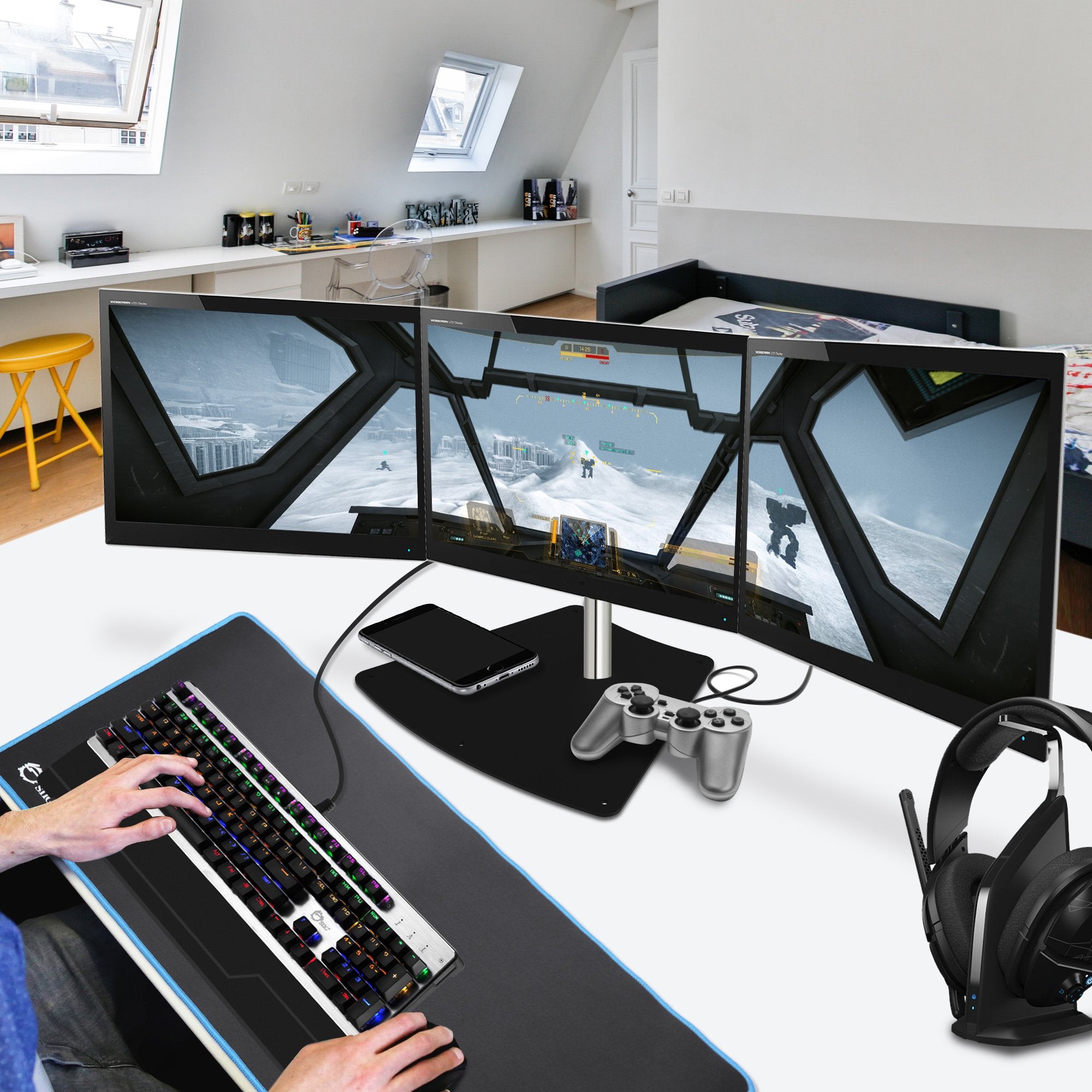 Siig Premium Aluminum Triple Monitor Stand - Adjustable Height 3 Monitors 13 To 27 17.6 Lbs Each Vesa 75 And 100 Compatible Full