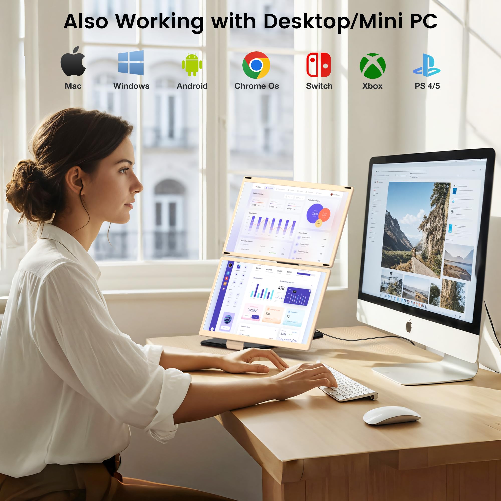 15.6 Laptop Screen Extender, Portable Triple Monitor For Laptop With 86% Ntsc Ips Fhd 1080P Display, Detachable Monitor Extender