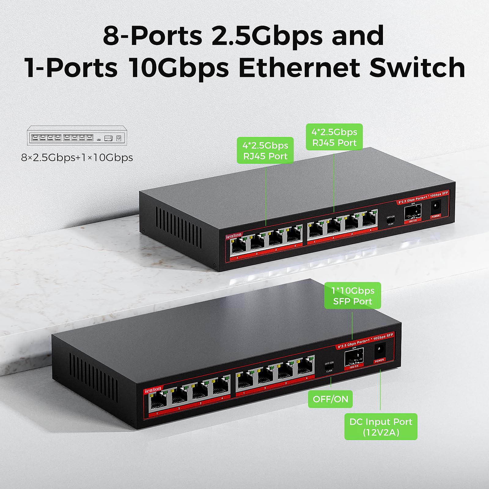 Ienron 9 Ports 2.5G Ethernet Switch Unmanaged, With 8 Ports 2.5G And 1X10G Sfp Slot, Network Switch,Ethernet Splitter| Plug & Pl