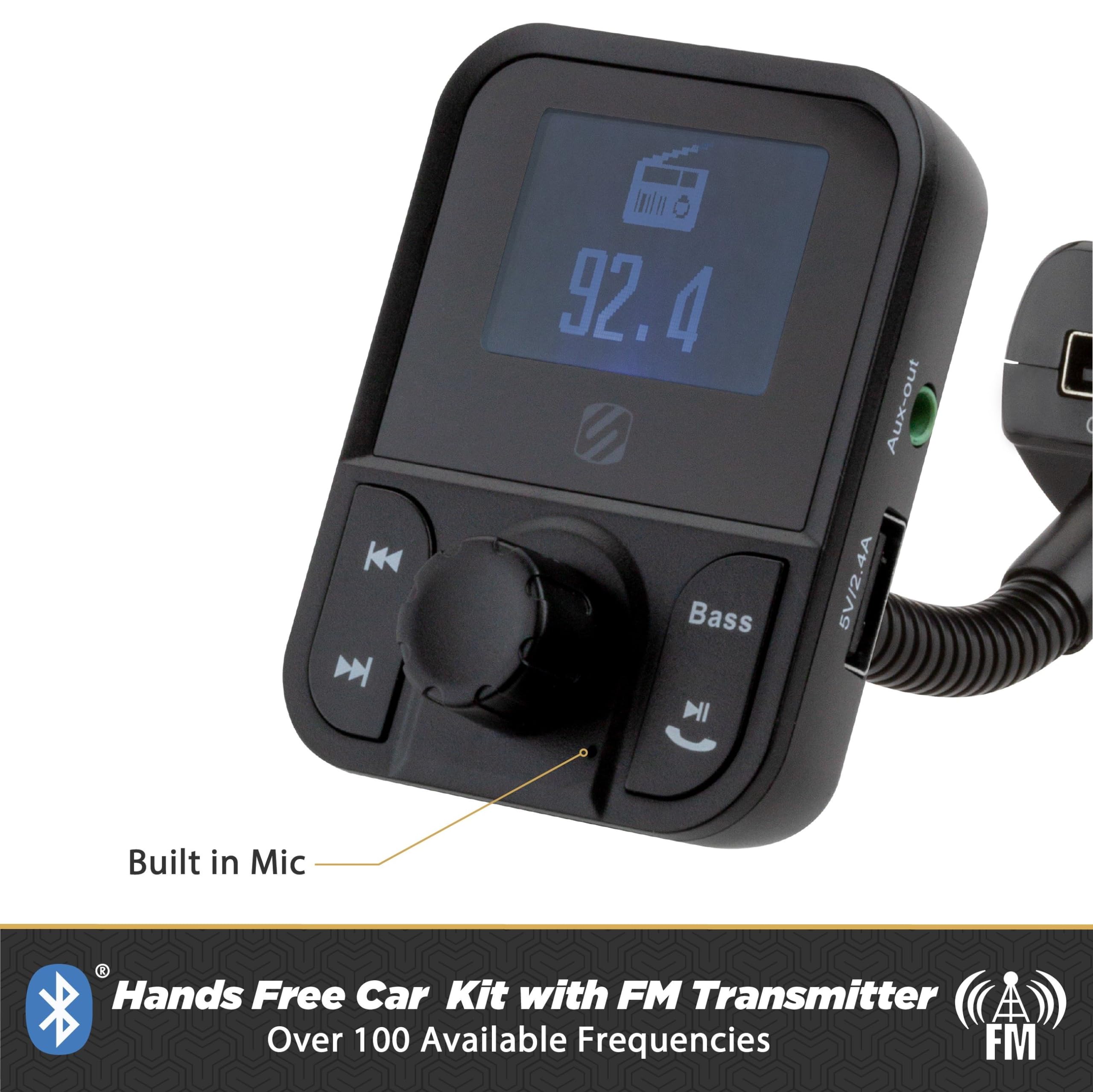 Scosche SBTFM1 XCES0 Bluetooth 5.0 FM Transmitter w/ Dual USB Charger Ports, LCD Screen, Adjustable Neck & Aux Port, Wireless Radio Bluetooth Adapter, Hands Free Car Kit for Phone Calls & Music Player