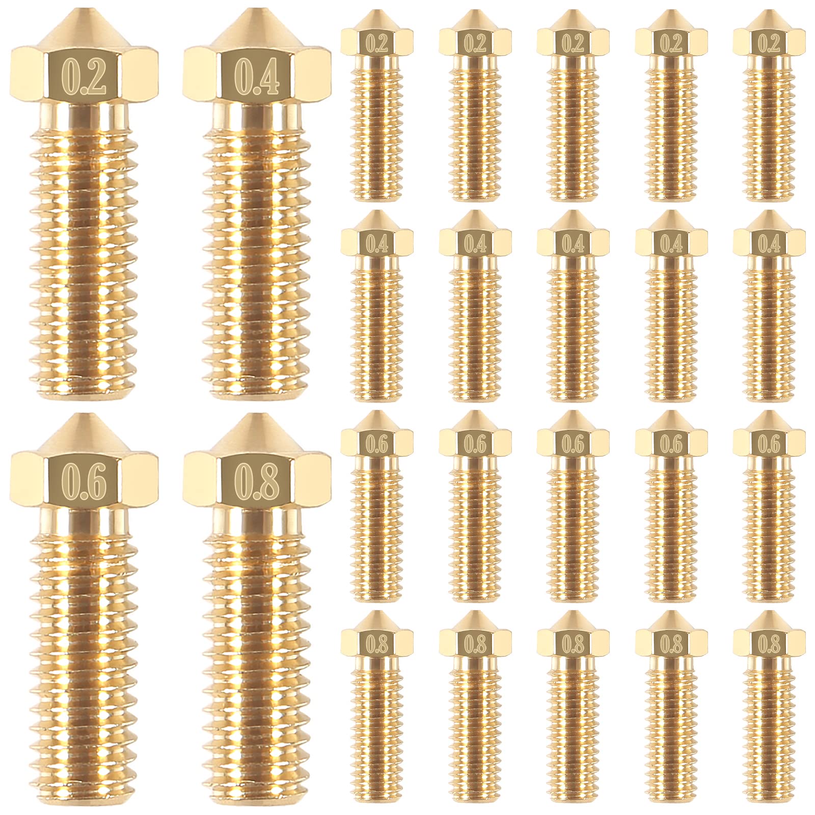 Aitiao 24Pcs Brass Volcano Nozzle Kit M6 3D Printer Thread Nozzles 0.2Mm 0.4Mm 0.6Mm 0.8Mm Extra Extruder Nozzles M6 0.4Mm Volca