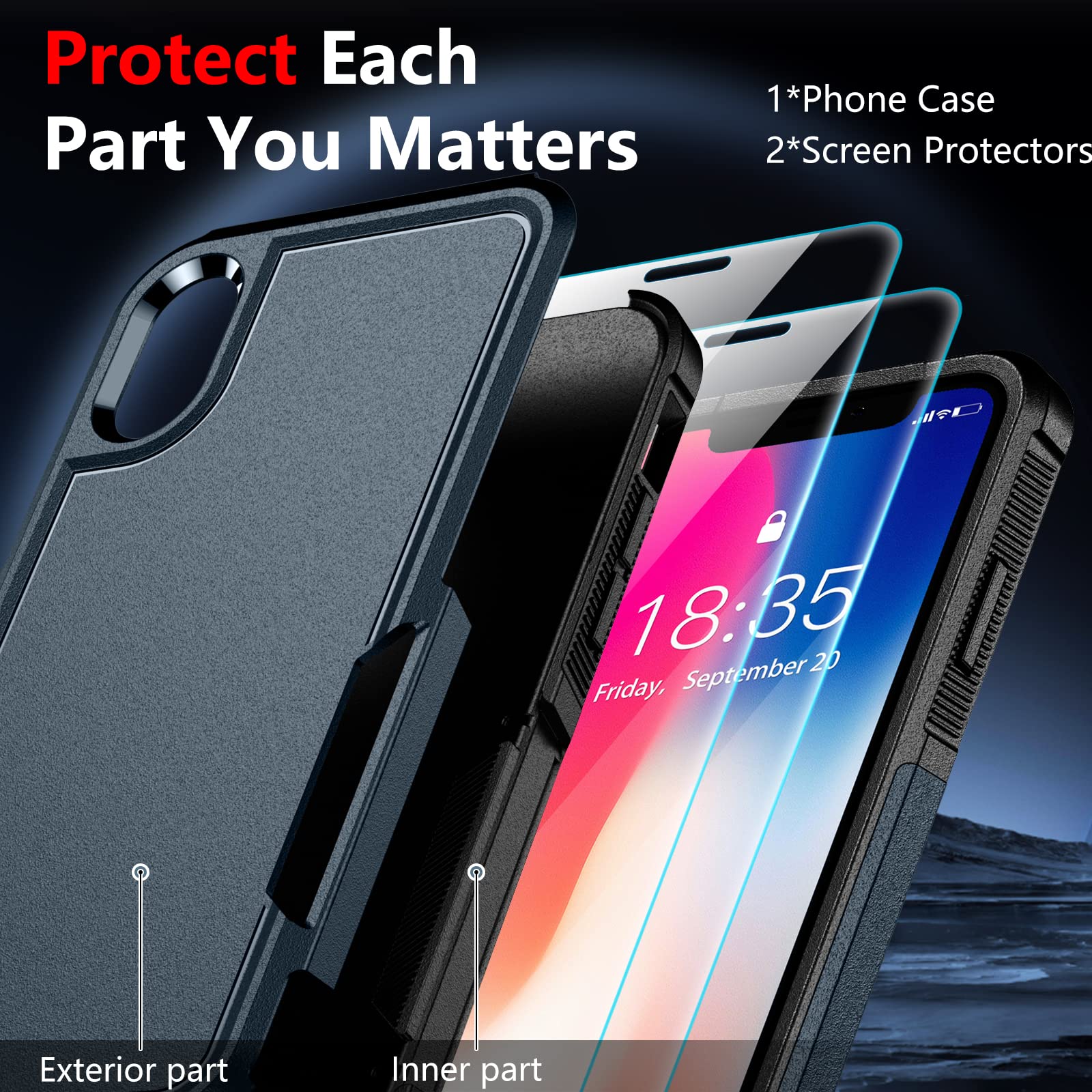 Spidercase For Iphone X/Xs Case,[Dual Layer][10 Ft Military Grade Drop Protection] [Non Slip] [2 Pcs Tempered Glass Screen Prote