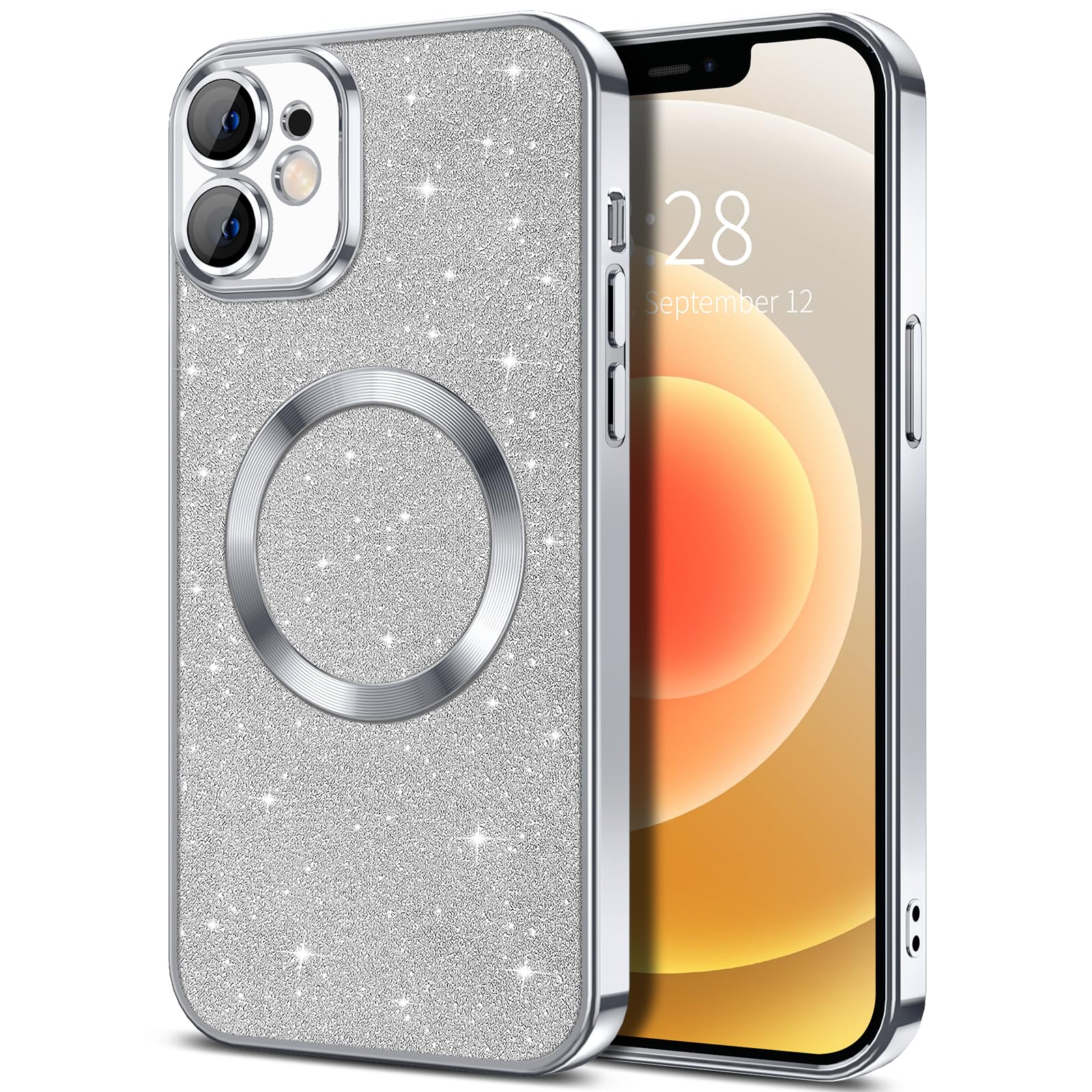 Hython For Iphone 12 Case Glitter, Clear Magnetic Phone Cases With Camera Lens Protector [Compatible With Magsafe] Bling Sparkle