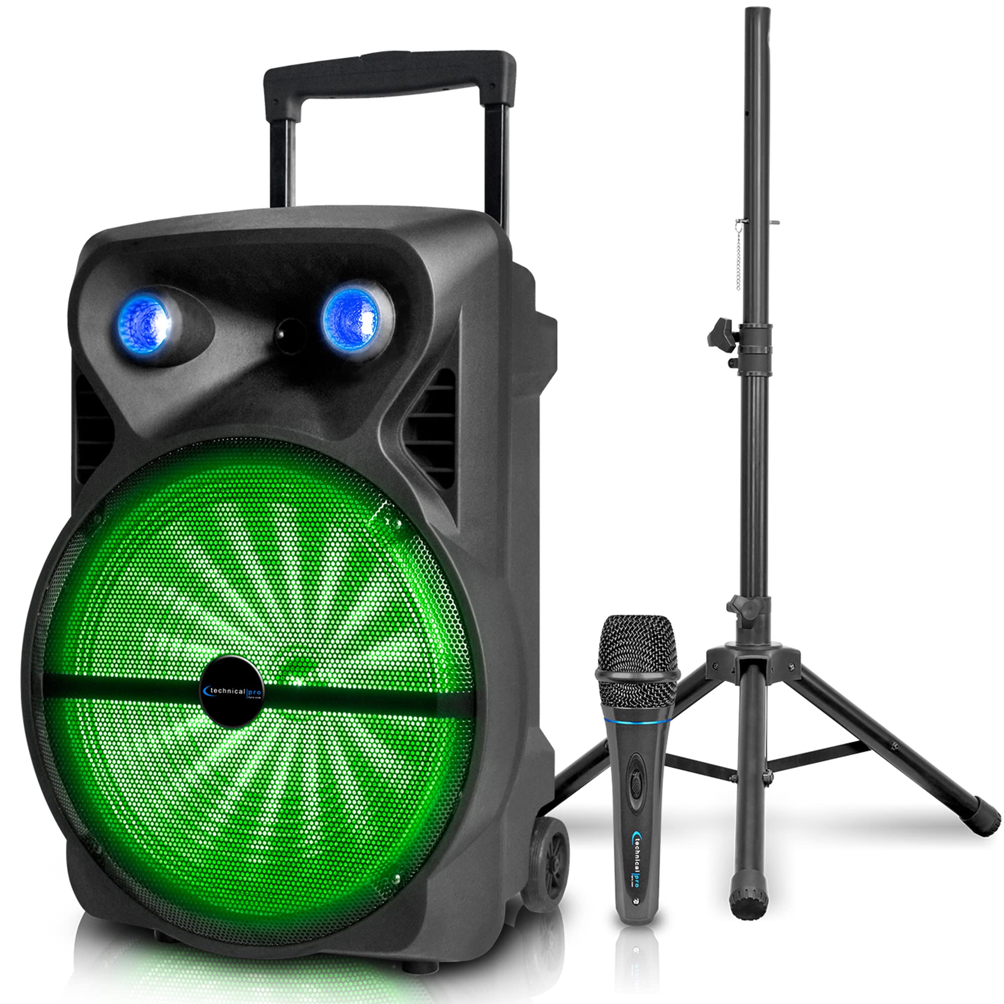 1600 Watts Bluetooth Speaker With Tripod, Wired Microphone & Remote Control | Rechargeable 15' Two Way Bluetooth Dj Light Speaker Package With Usb Sd Card Inputs By Technical Pro