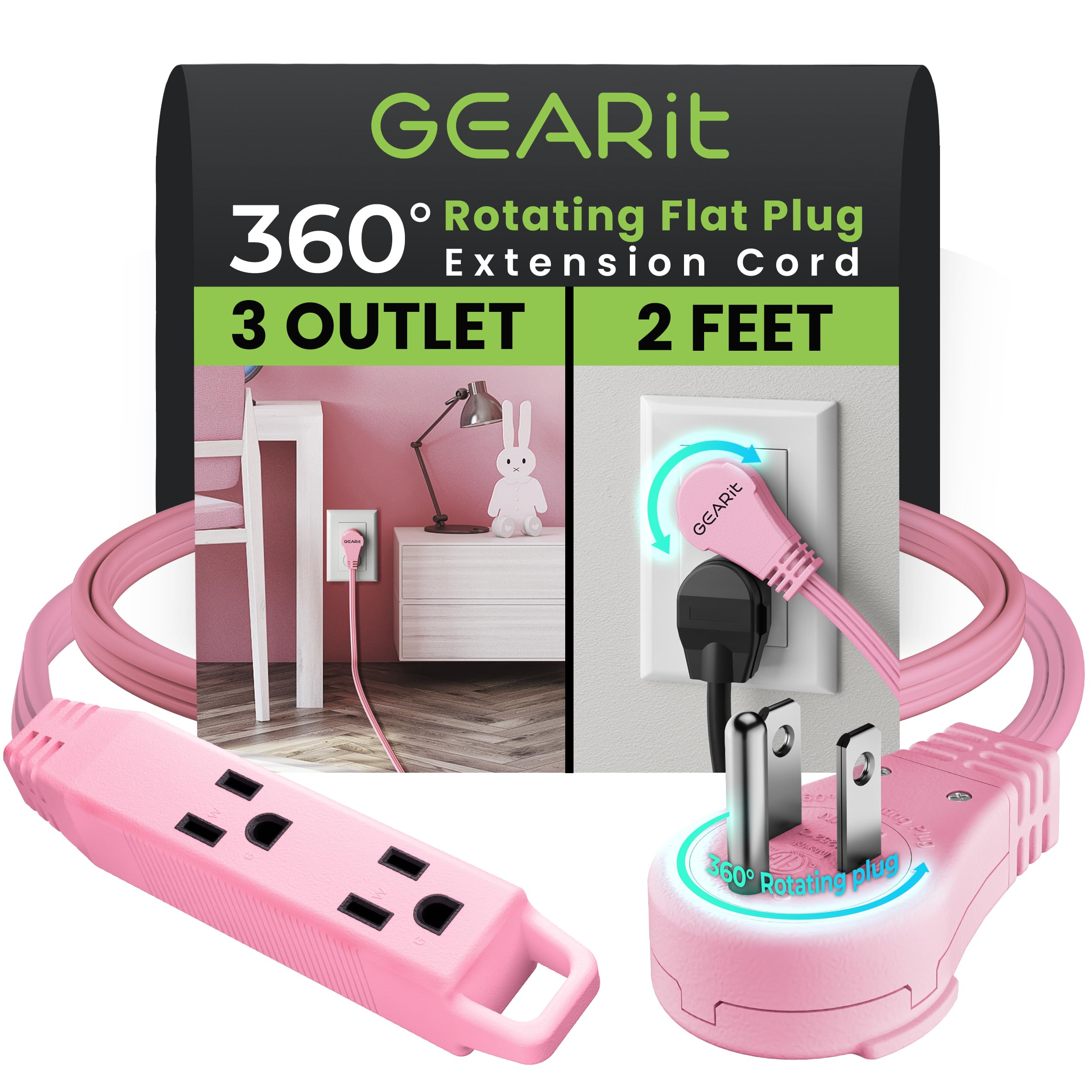 Gearit 360 Rotating Flat Plug Short Extension Cord With 3 Outlets (2Ft, Pink) 16Awg/13A 3 Prong Wire, Outlet Saver For Home Offi
