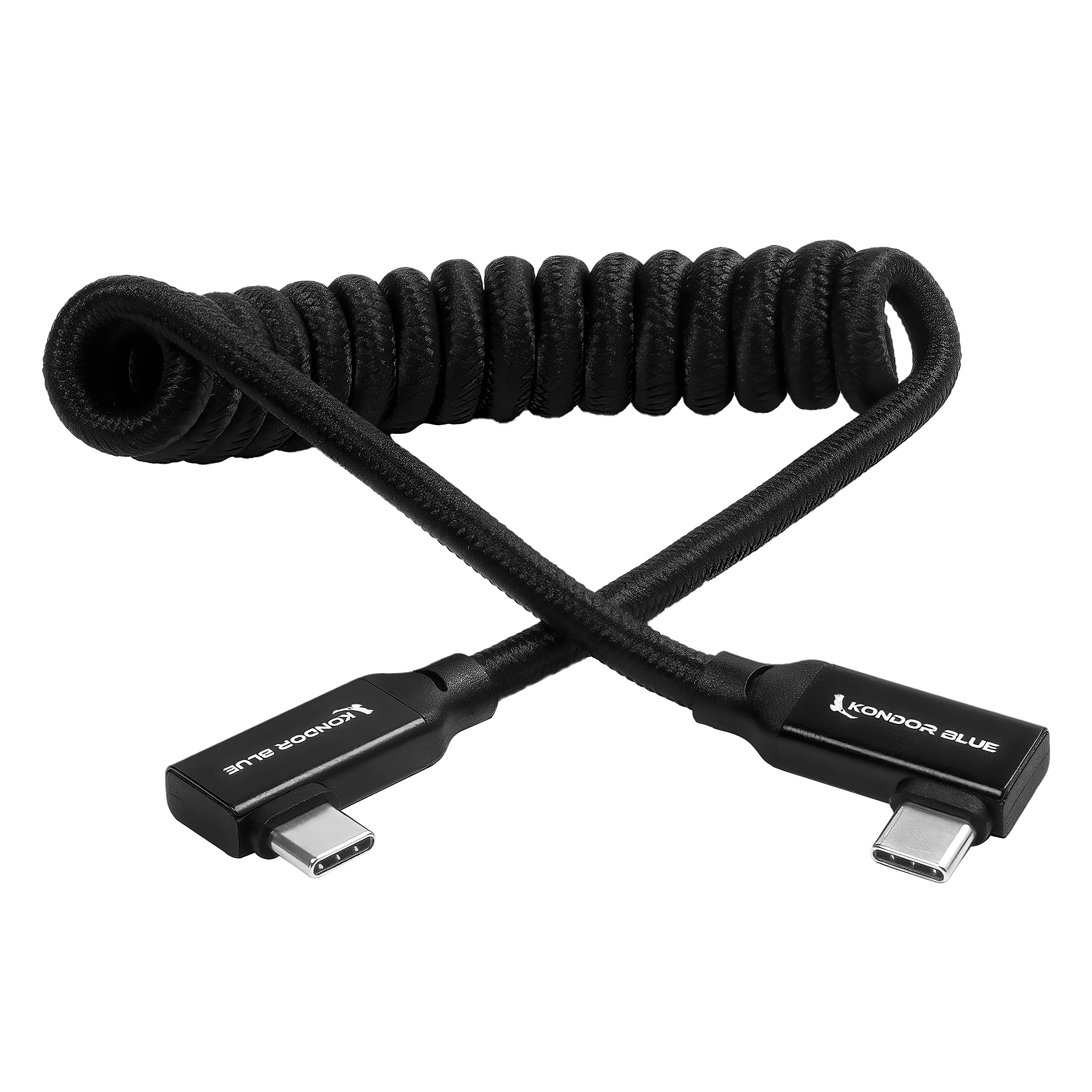 Kondor Blue 12 24'' Coiled Usb C 3.1 Gen 2 10 Gb/S 100W | Right Angle Braided Cable For 8K Data And Power Delivery