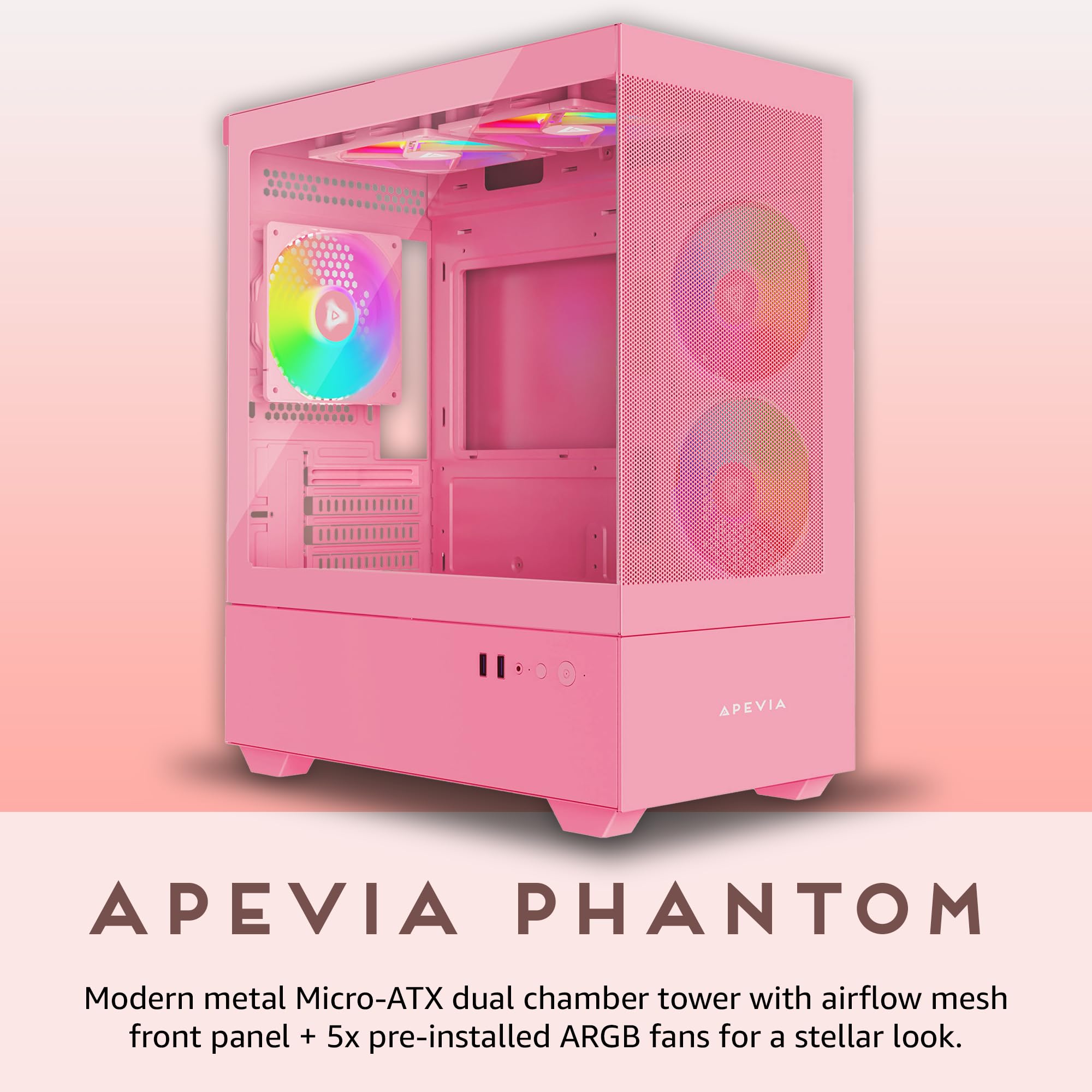 Apevia Phantom Mesh Pk Phantom Micro Atx Dual Chamber Mesh Gaming Pc Case W/ 5X 120Mm Argb Fans, 366 Rgb Modes, Mesh Airflow Per