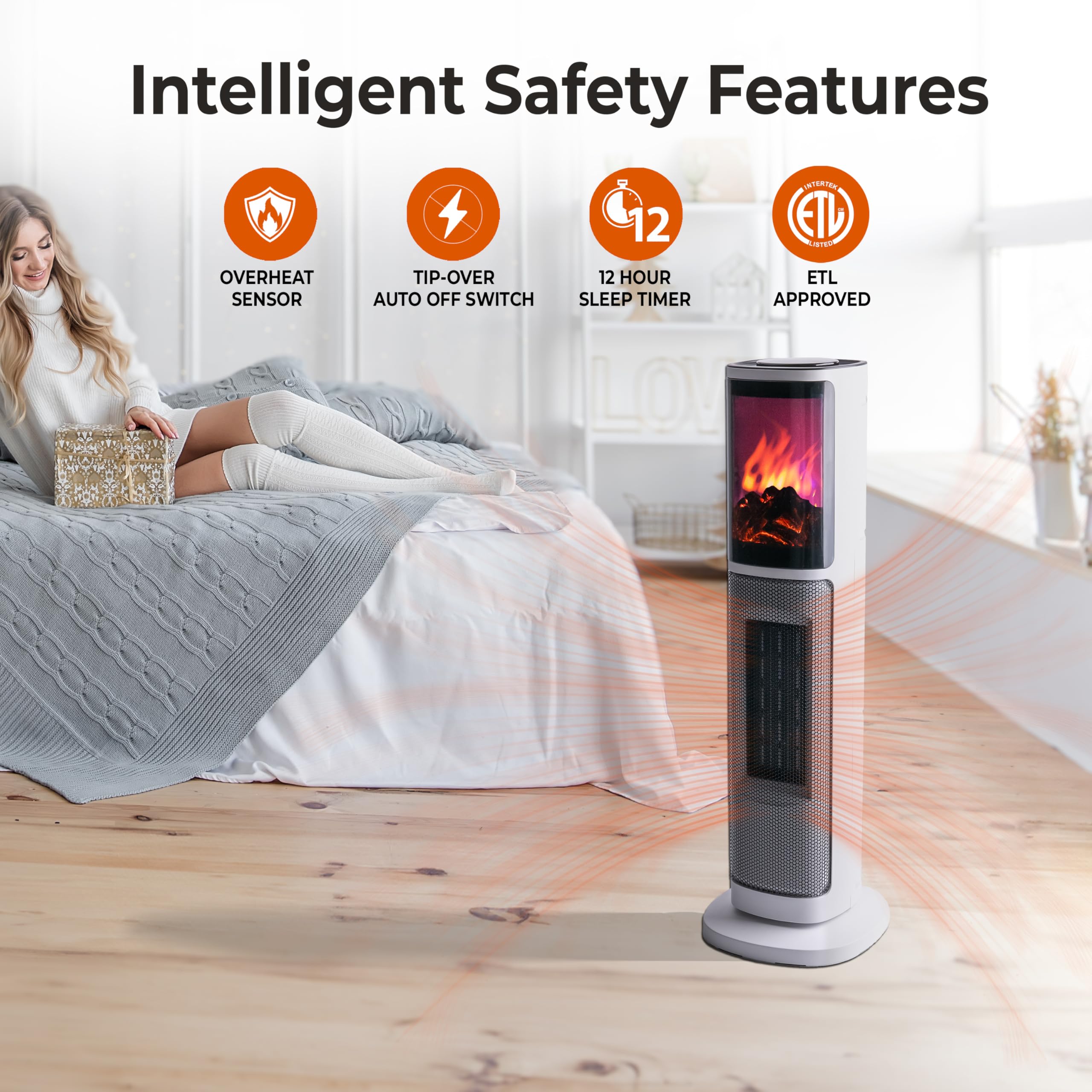 Comfort Zone Space Heaters For Indoor Use, 25 Inch, 3D Flame, 8H Timer, 75 Degree Oscillation, Remote Control, Adjustable Thermo