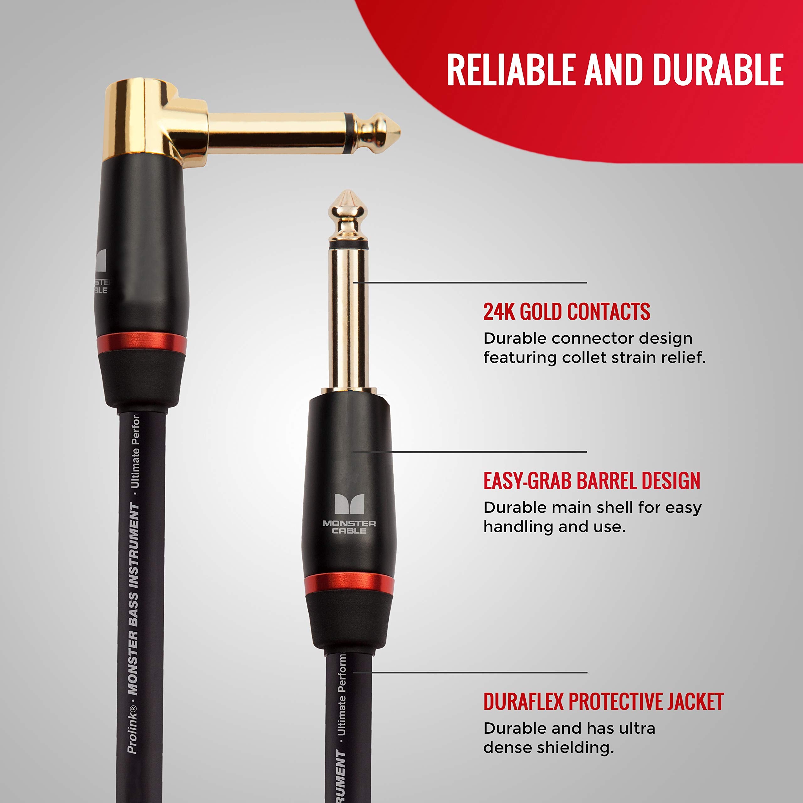 Monster Prolink Monster Bass Instrument Cable. 12 Ft Guitar Cable. Right Angle To Straight Bass Guitar Cable. 95% Copper Braided