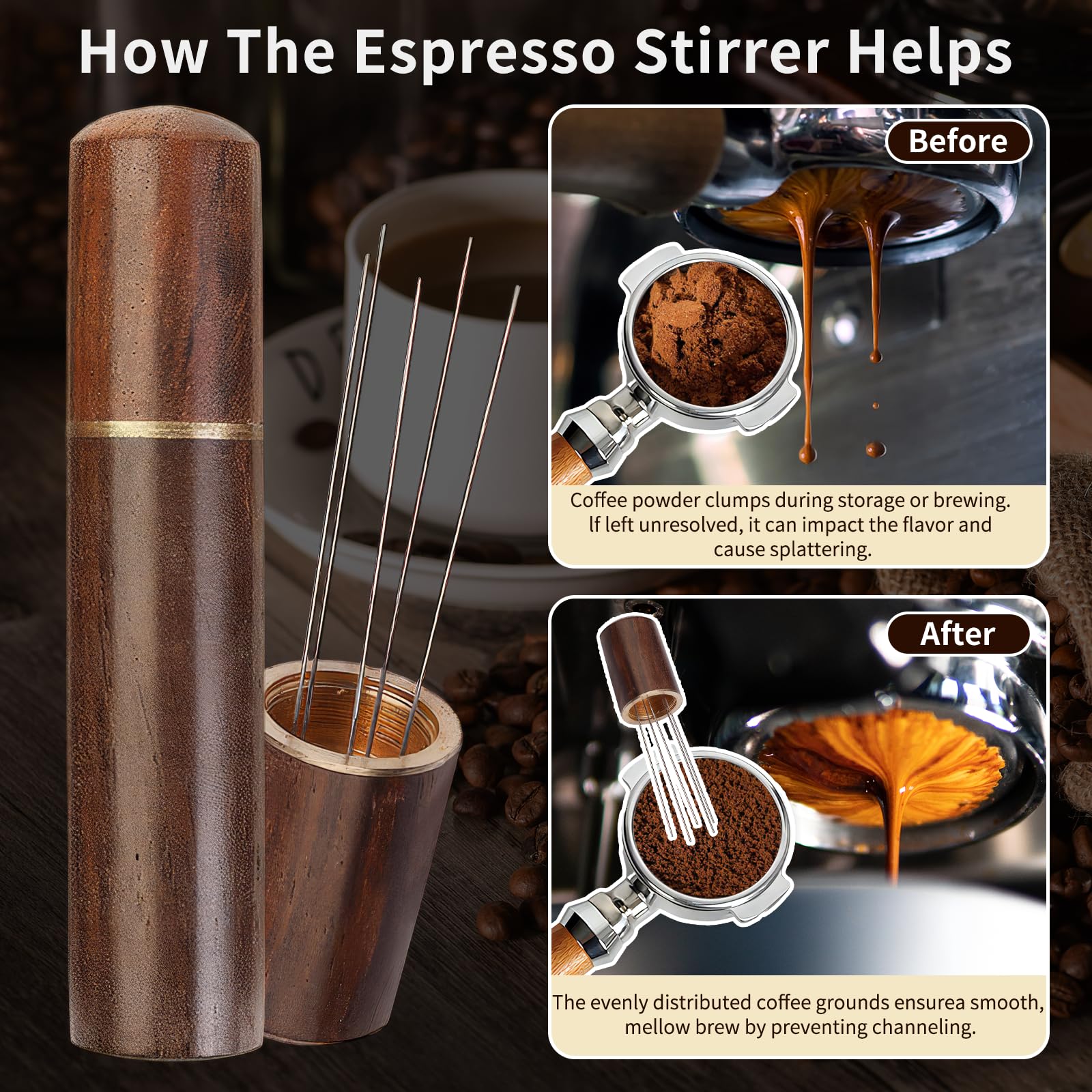 Wdt Tool Espresso Distribution Tools   5  0.4Mm Needles Espresso Stirrer, 58Mm Dosing Funnel And Puck Screen With Wooden Base |