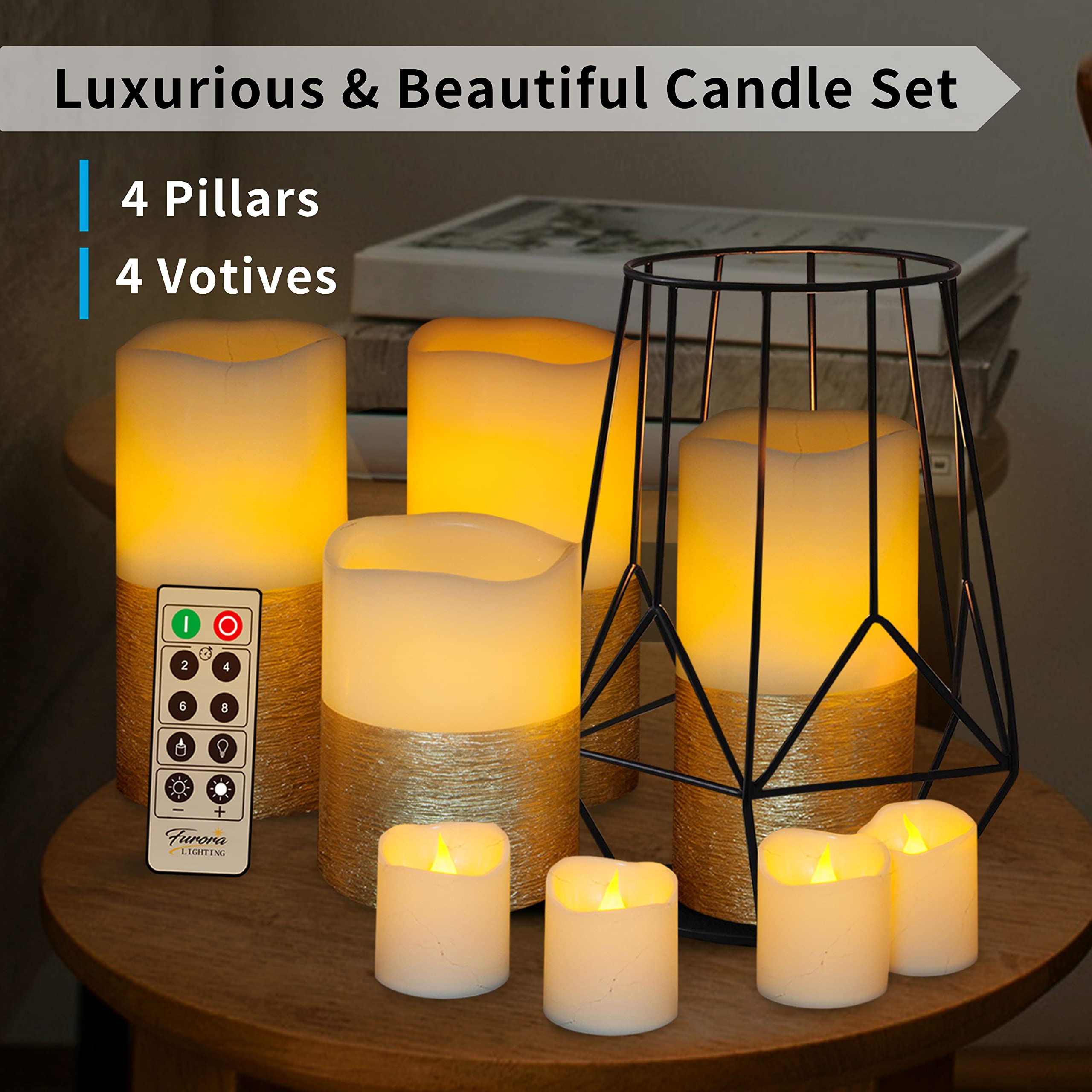 Furora Lighting Gold Real Wax Trim Candles With Remote And Timer, Pack Of 8 Pillar & Votive Candles, Led Flameless Flickering Ca