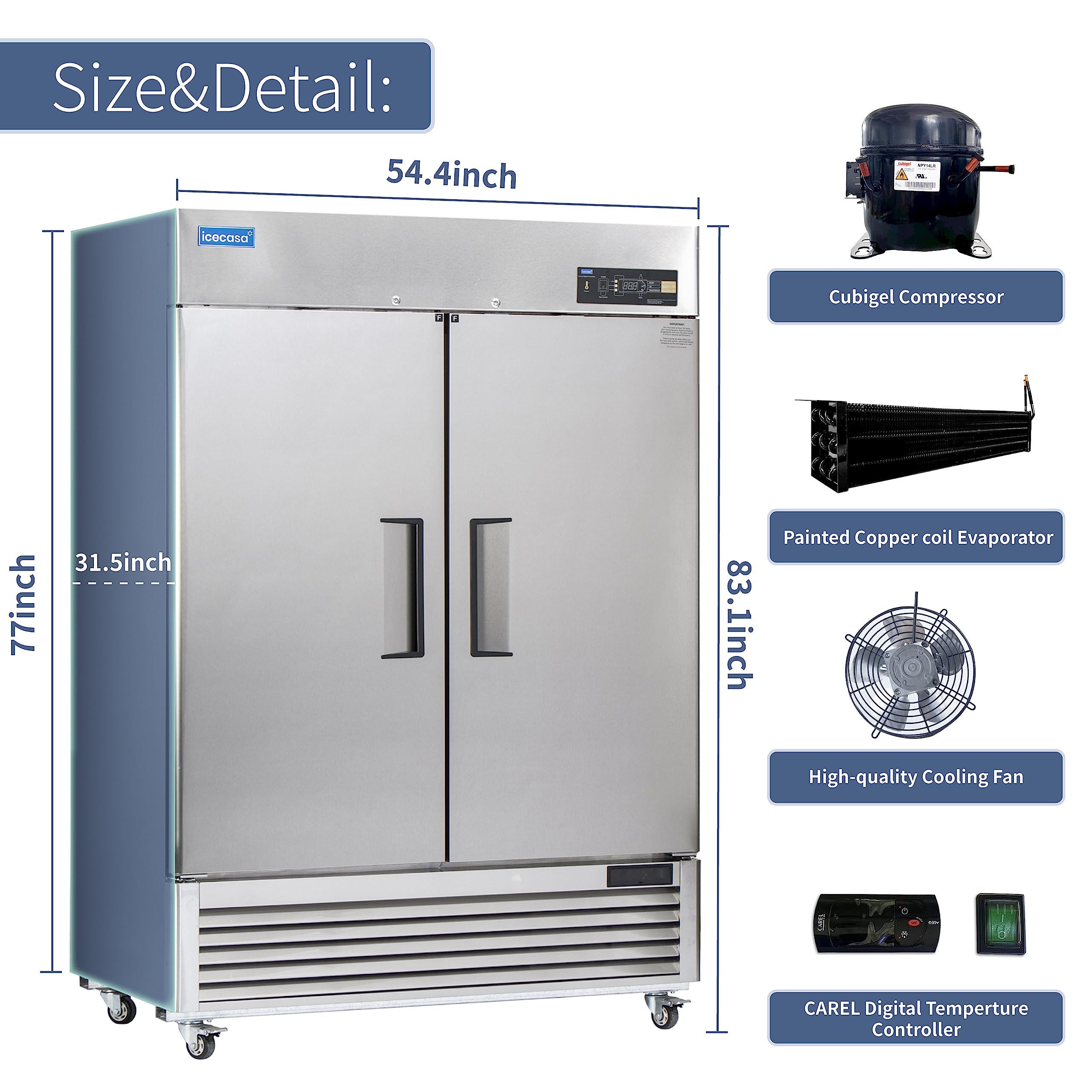 Icecasa 54 W Commercial Freezer Reach-In 49 Cu.Ft 2 Solid Door Stainless Steel Commercial Freezer Fan Cooling For Restuarant, Ba