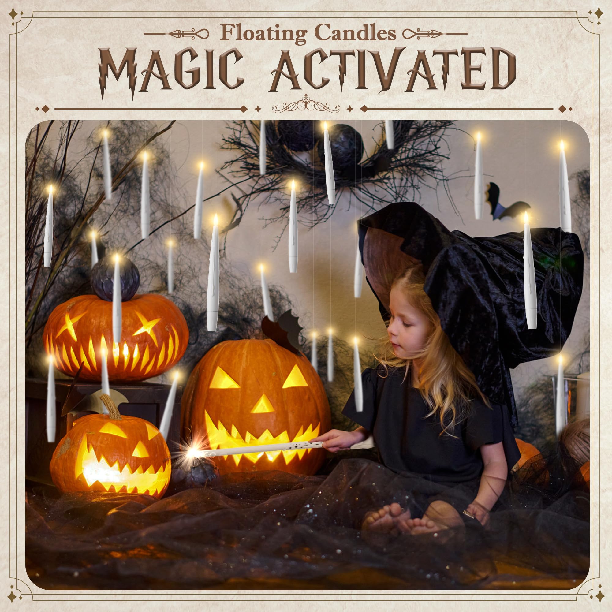 Joione Floating Candles With Wand, 20 Pack Halloween Flameless Candles Magic Hanging Taper Candles With 2 Wand Remotes, Battery