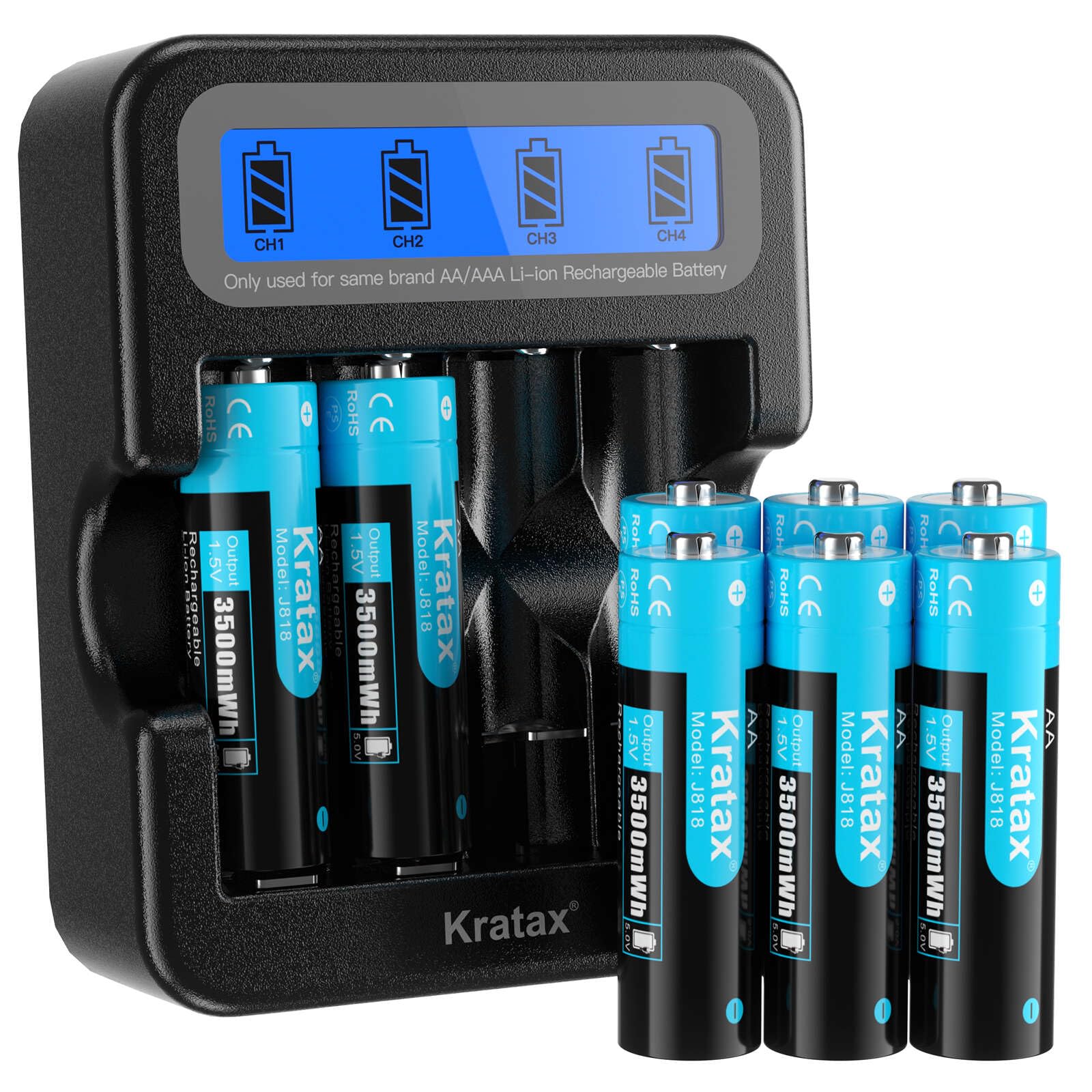 Kratax Rechargeable Aa Lithium Batteries, 8Pack 1.5V Aa Li Ion Batteries And 2.5H Intelligent Fast Charger, 1600 Cycles Long Las