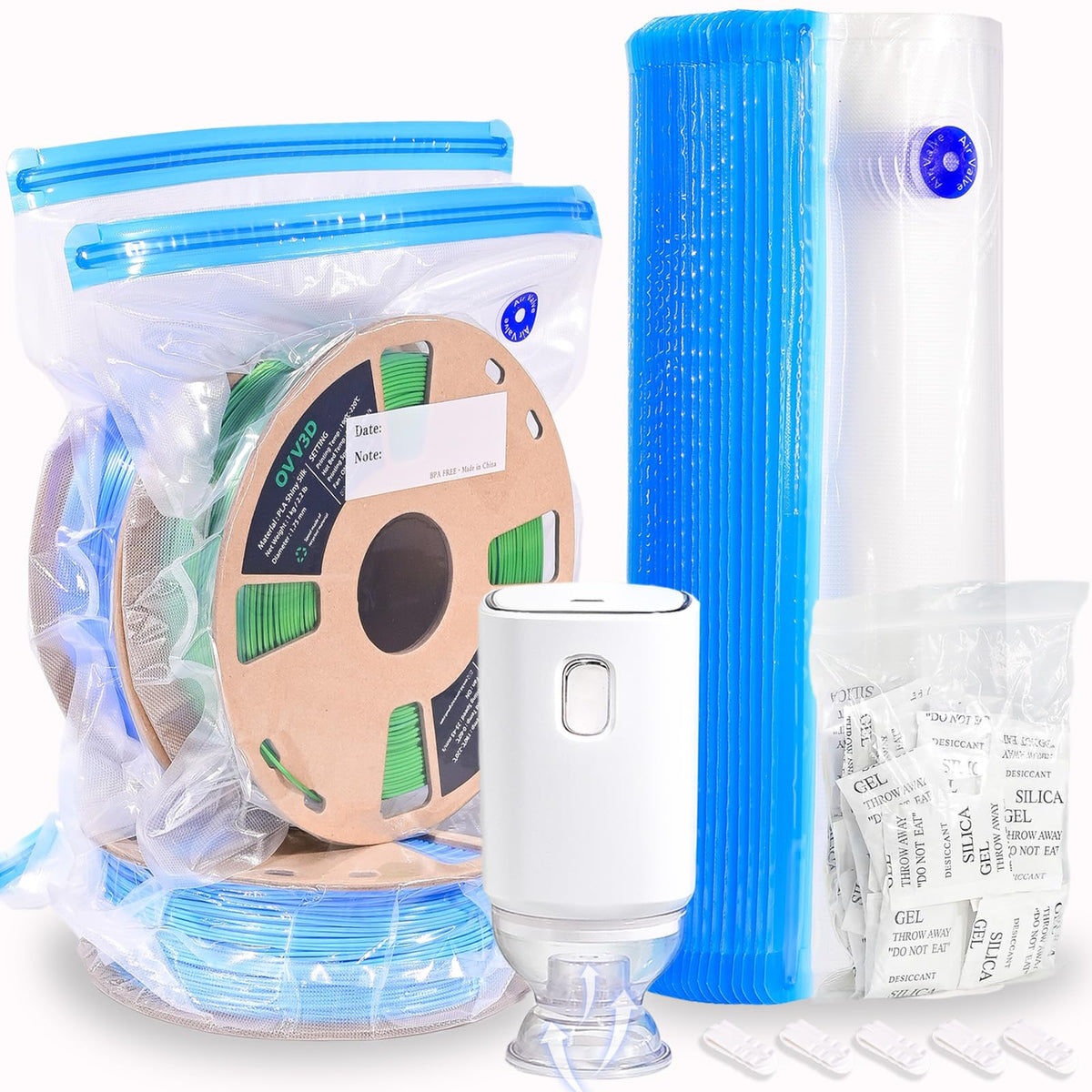 Ovv3D Filament Storage Bags Kit 66Pcs, 3D Printer Filament Storage 30 Bags Vacuum Sealed Kit With 30Pcs Desiccant, Auto Pump, Pe