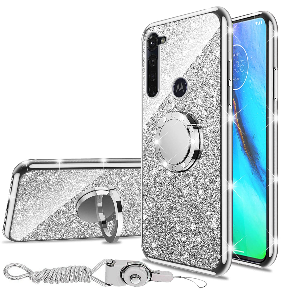 For Motorola Moto G Stylus 2020 Case (Non 2021 Version), Cute Glitter Sparkle Bling Diamond Rhinestone Bumper With Ring Kickstan