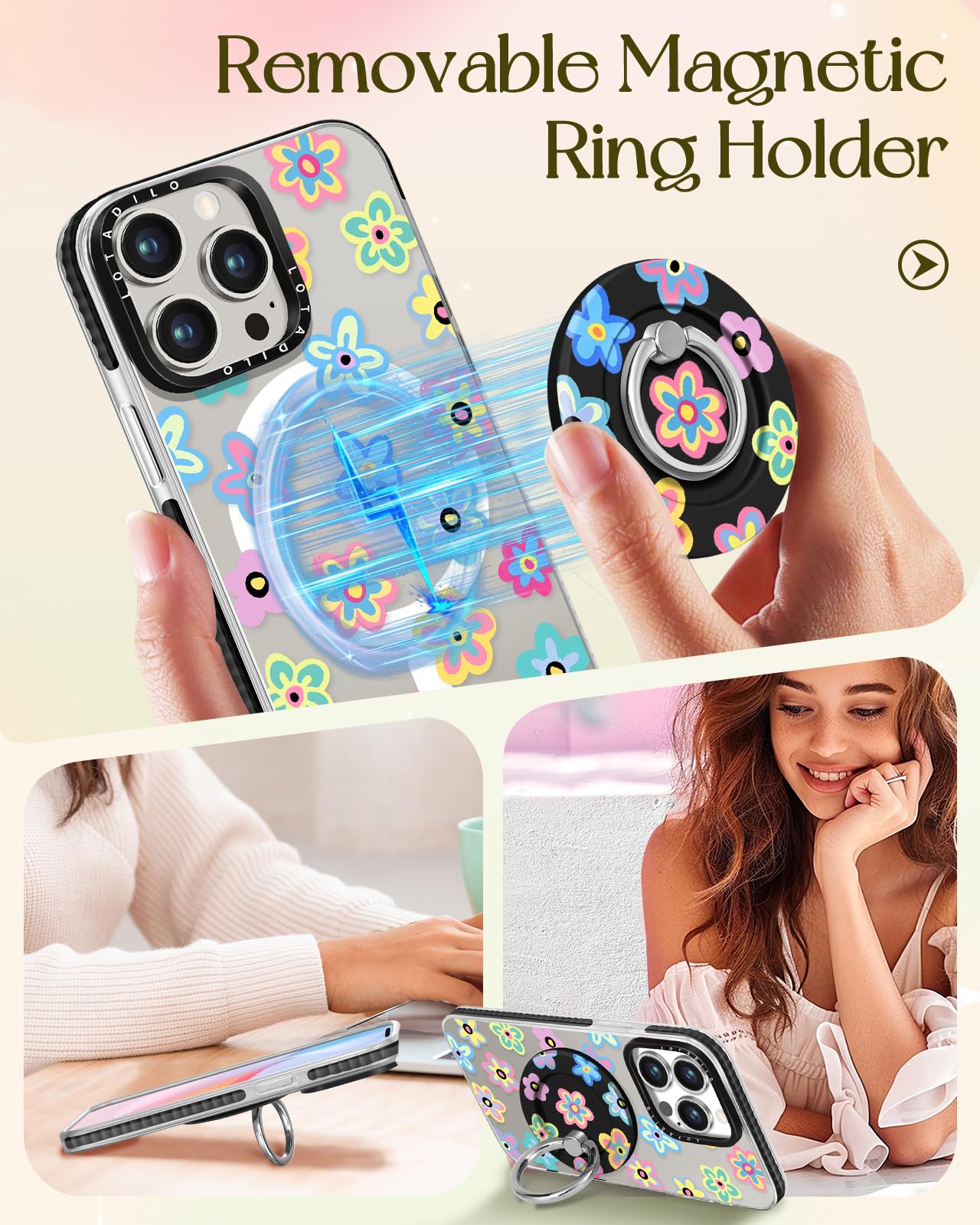 Lotadilo For Iphone 13 Pro Max Case For Women Girls - Cute Design Compatible With Magsafe Magnetic Ring Holder Stand Spring Flow