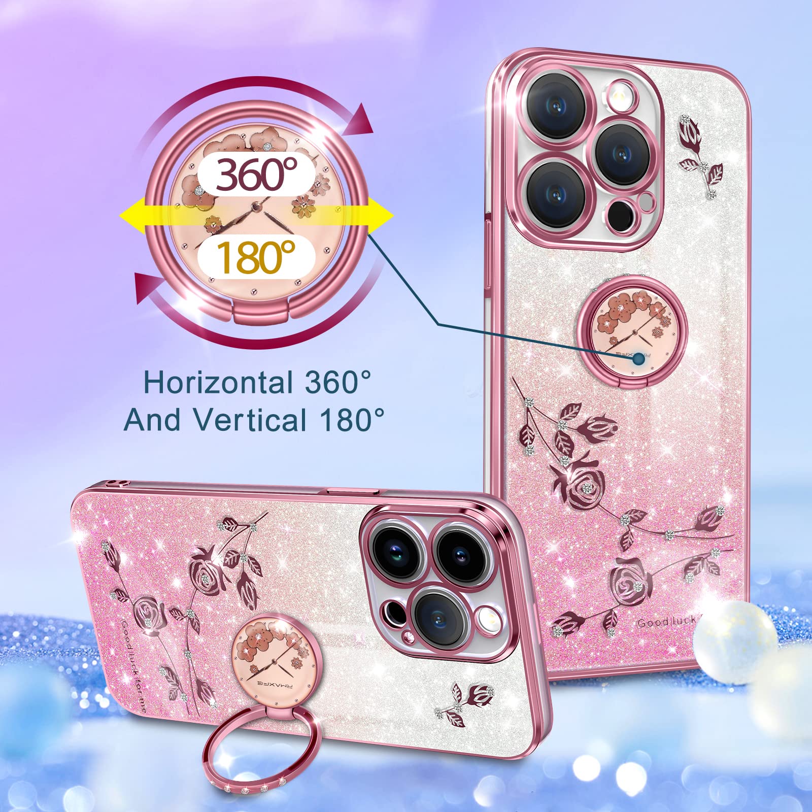 Coralogo (3In1 For Apple Iphone 14 Pro Case Glitter Sparkly For Women Girls Sparkle Girly Bling Shiny Phone Cover Cute Flowers F